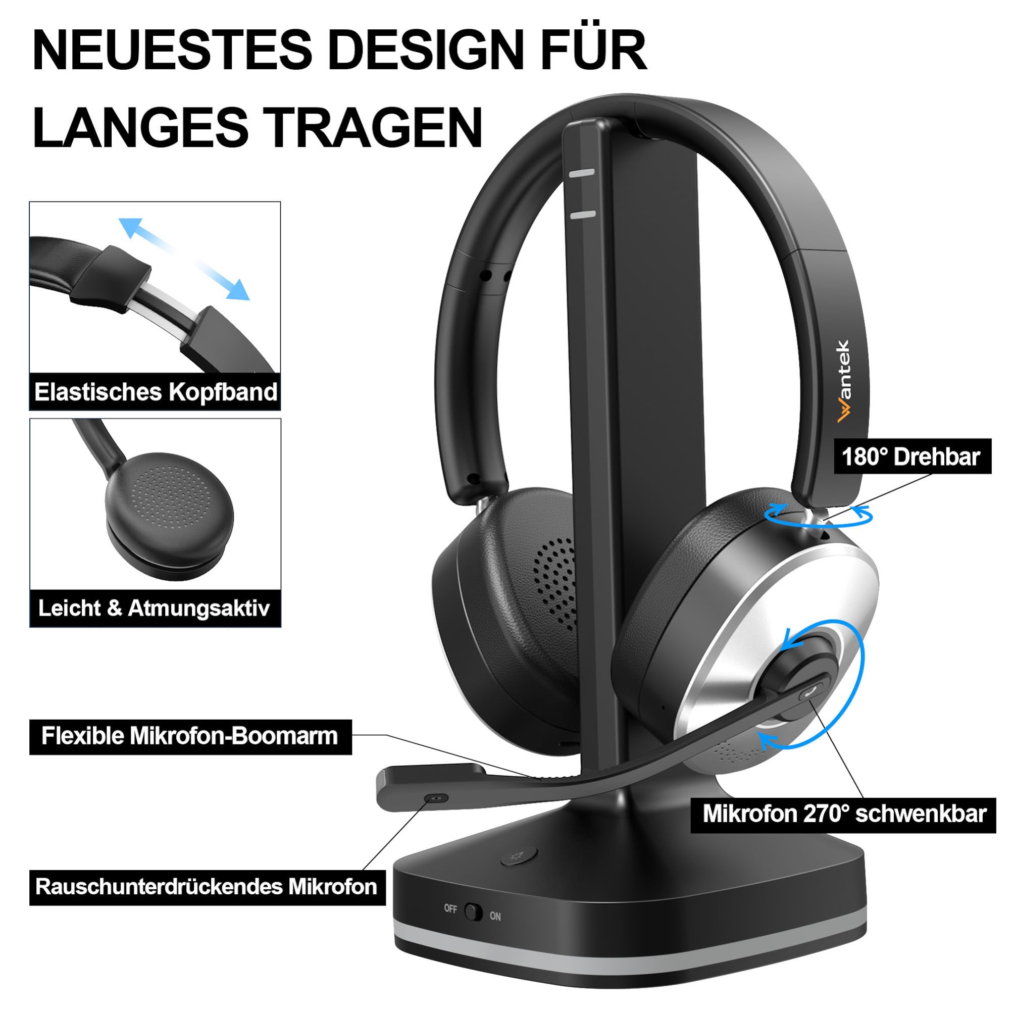 Wantek Bluetooth Headset mit Mikrofon,Kabelloses Headset mit USB-Dongle & Ladestation,Noise Cancelling Mikrofon,55 Std.Akku,Stummschalttaste,Büro Headset für PC Laptop,Handy,Home Office,Teams Zoom