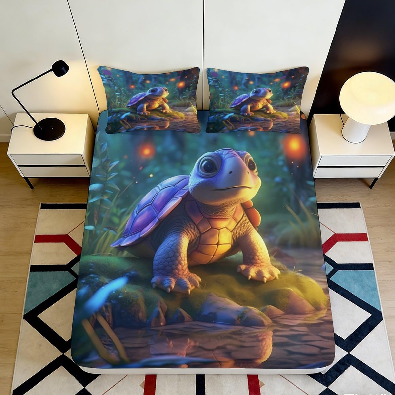 3D Printed Cartoon Turtle Fitted Sheet Microfiber Elastic Hem Bedroom Bedding Turtle Mattress Fitted Cover Non-Slip for Adult Teen 90x200x25cm