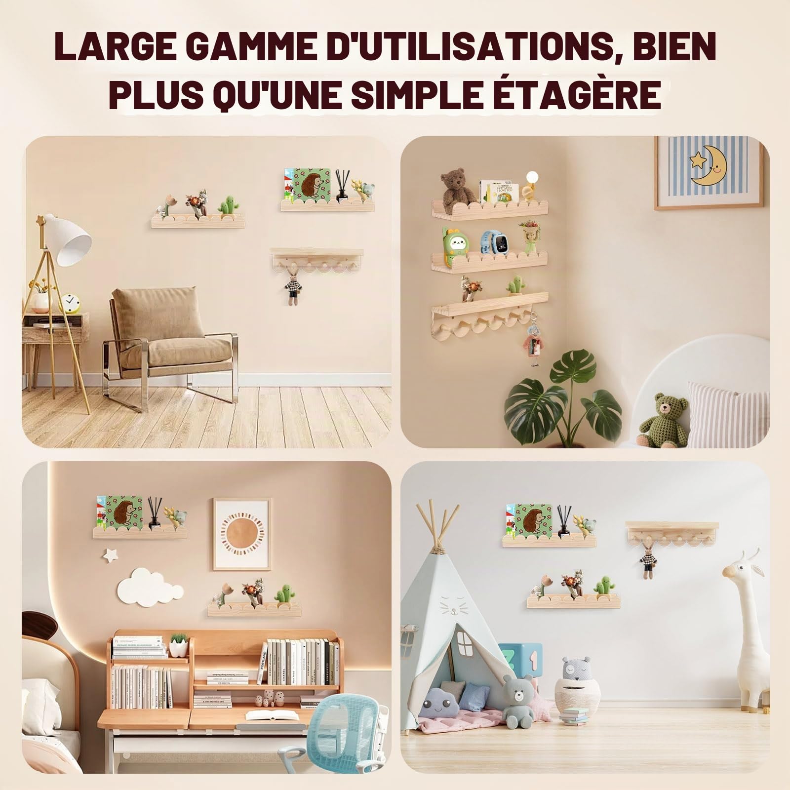 Lot de 3 Étagères Murales pour Livres pour Enfants, Étagère Murale pour Chambre d'enfant 40 cm, Étagère Murale en Bois pour Livres avec Crochets Flottants pour Chambre de Jeu Chambre à