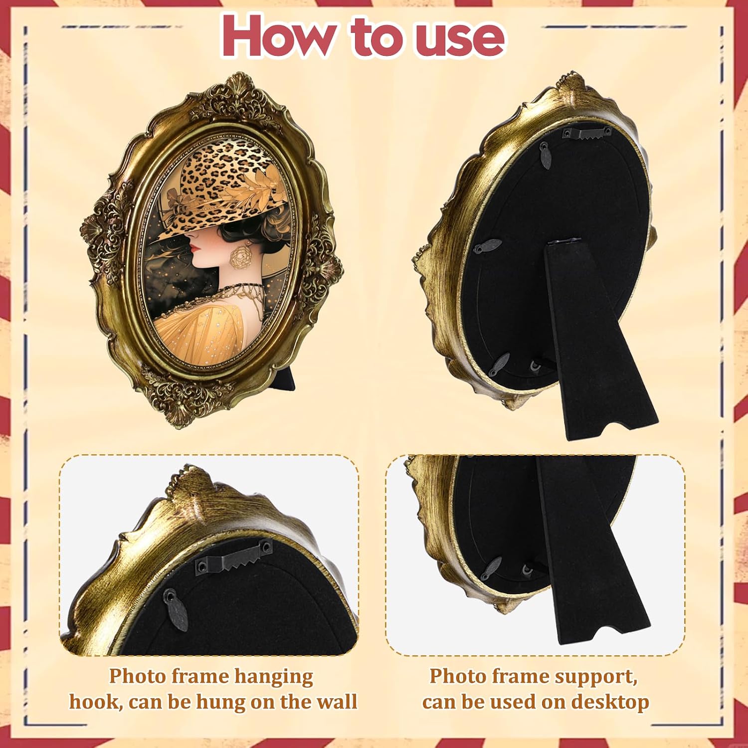 2Pcs Vintage Picture Frame, 5 x 7 Inch Oval Elegant Photo Frames with Glass Front Bronze Gold Antique Picture Frame for Tabletop and Wall Mount, Art Deco, Home Decoration, Displays