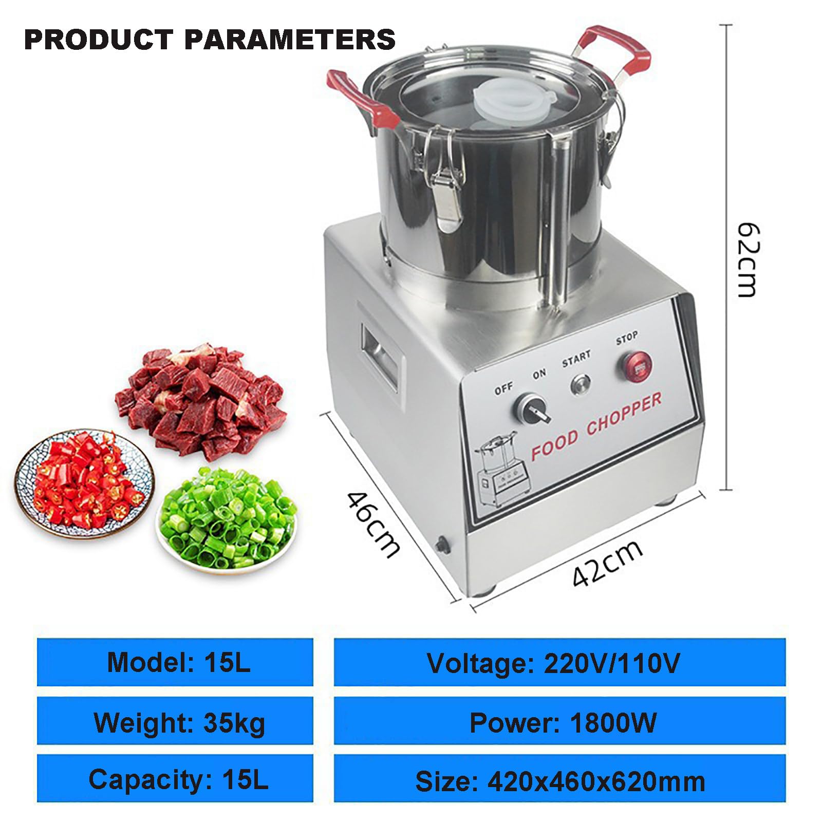 Procesador de alimentos comercial cortador eléctrico multifunción cortador de carne de verduras de acero inoxidable, capacidad de 10 L para frutas, verduras, carne, granos, jengibre, ajo