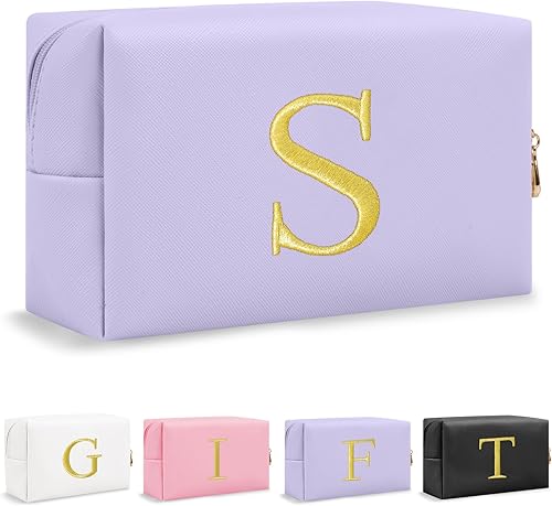 Miniatura 15 de Bolsa de Maquillaje con Inicial de Regalo Personalizado, Bolsa de Cosméticos Preppy con Letra Bordada Dorada, Rellenos de Calcetín para Chicas Blanco