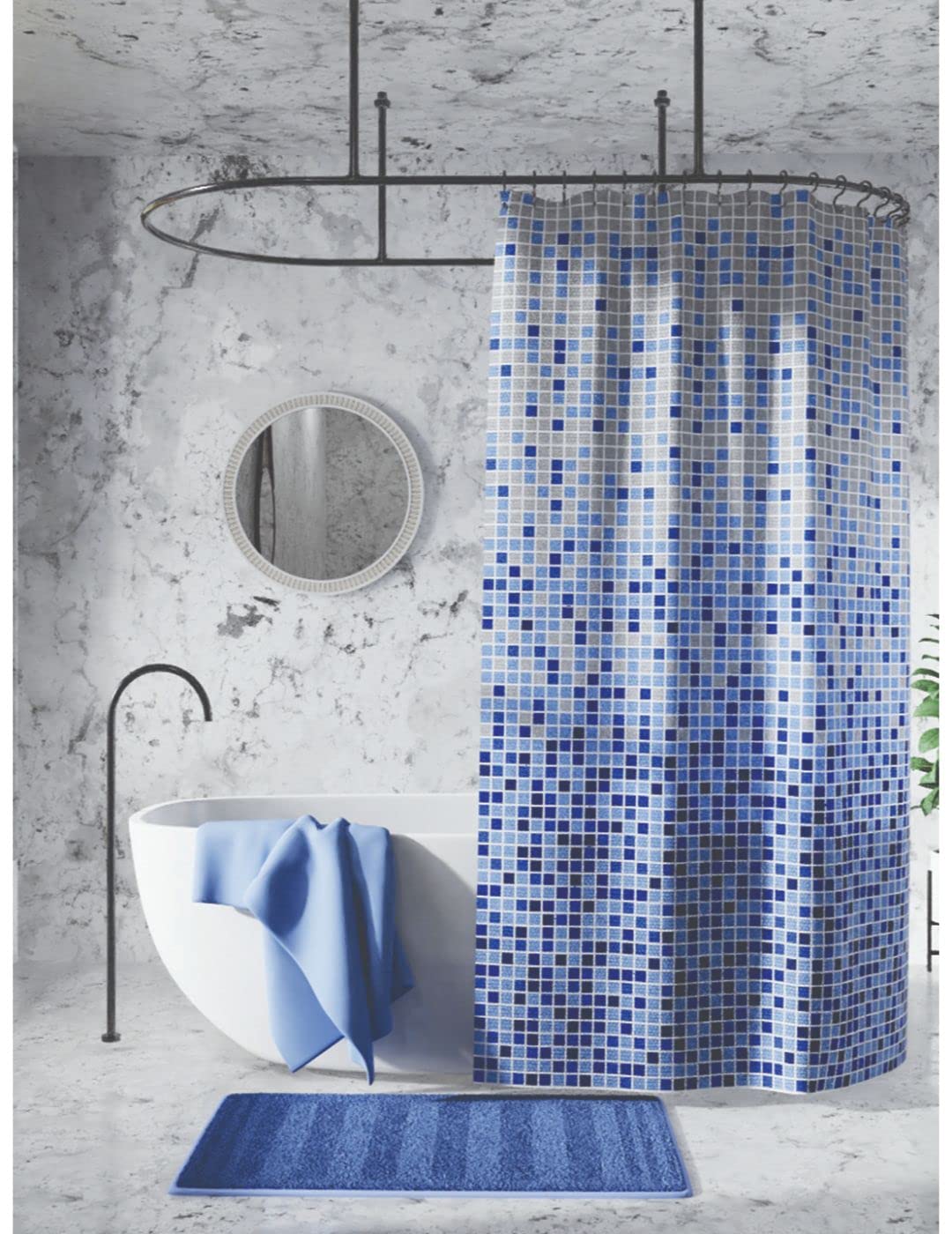 BIANCA Waterproof Shower Curtain with Hooks -1pc Standard Size (Pacific) Geometrical-Blue/Multi