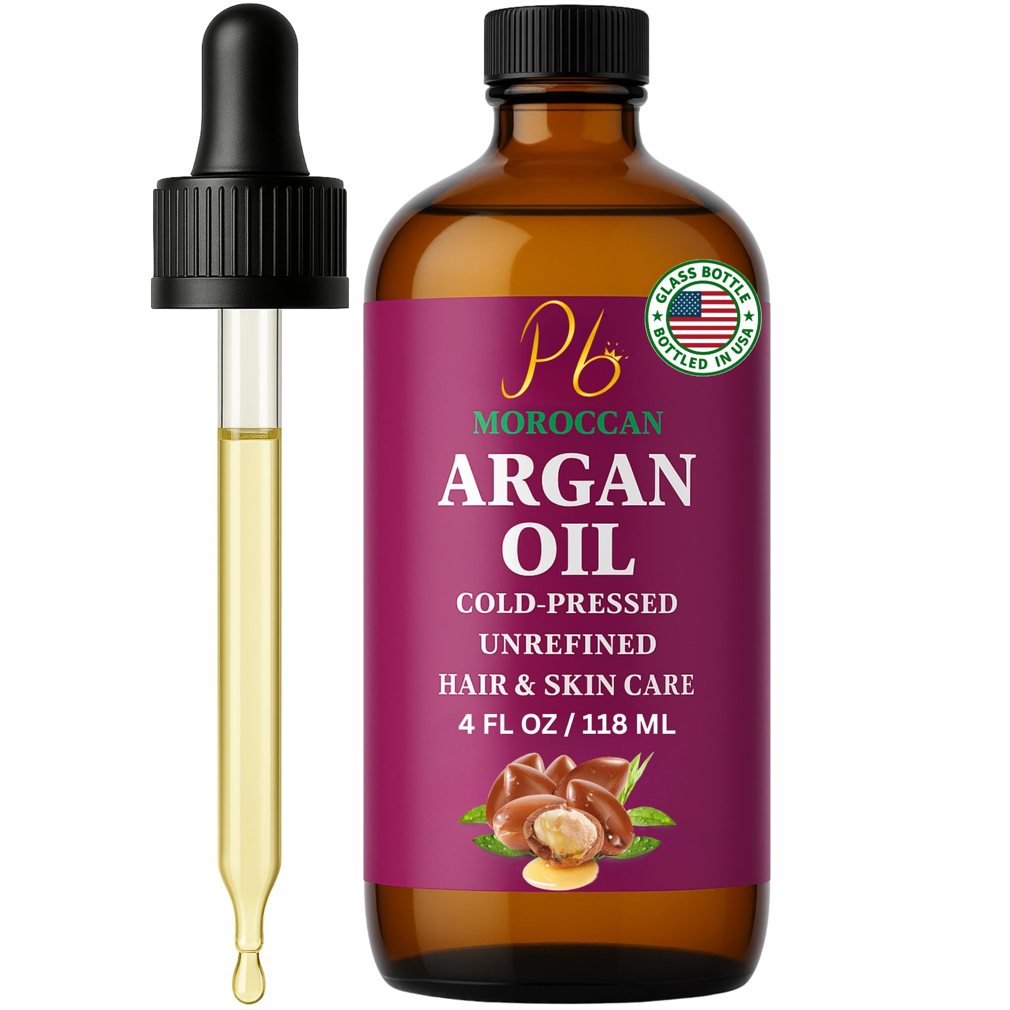 Argan Oil – 100% Pure Moroccan Argan Oil for Hair | Cold-Pressed, Unrefined & Hexane-Free | Natural Moisturizer for Dry Hair, Skin & Face | Carrier & Massage Oil, Glass Bottle 4 fl oz