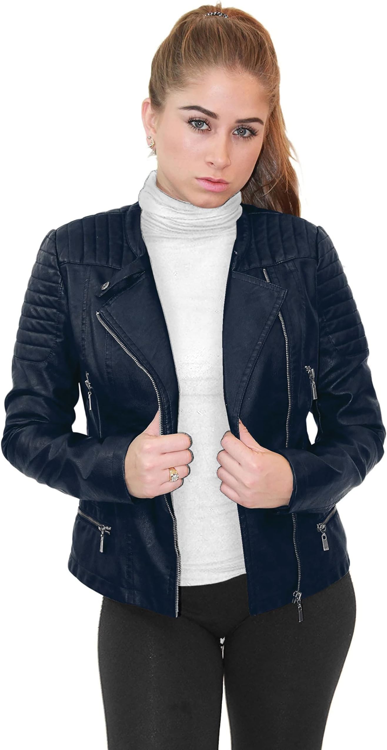 Olivia MillerWomens Faux Leather Zip Up Moto Biker Jacket