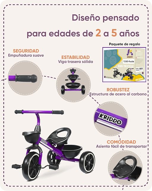 Foto 3 de 6 de KRIDDO Triciclo Infantil para Niños de 2 a 5 Años, Triciclo para Niños y Niñas con Diseño Antivuelco