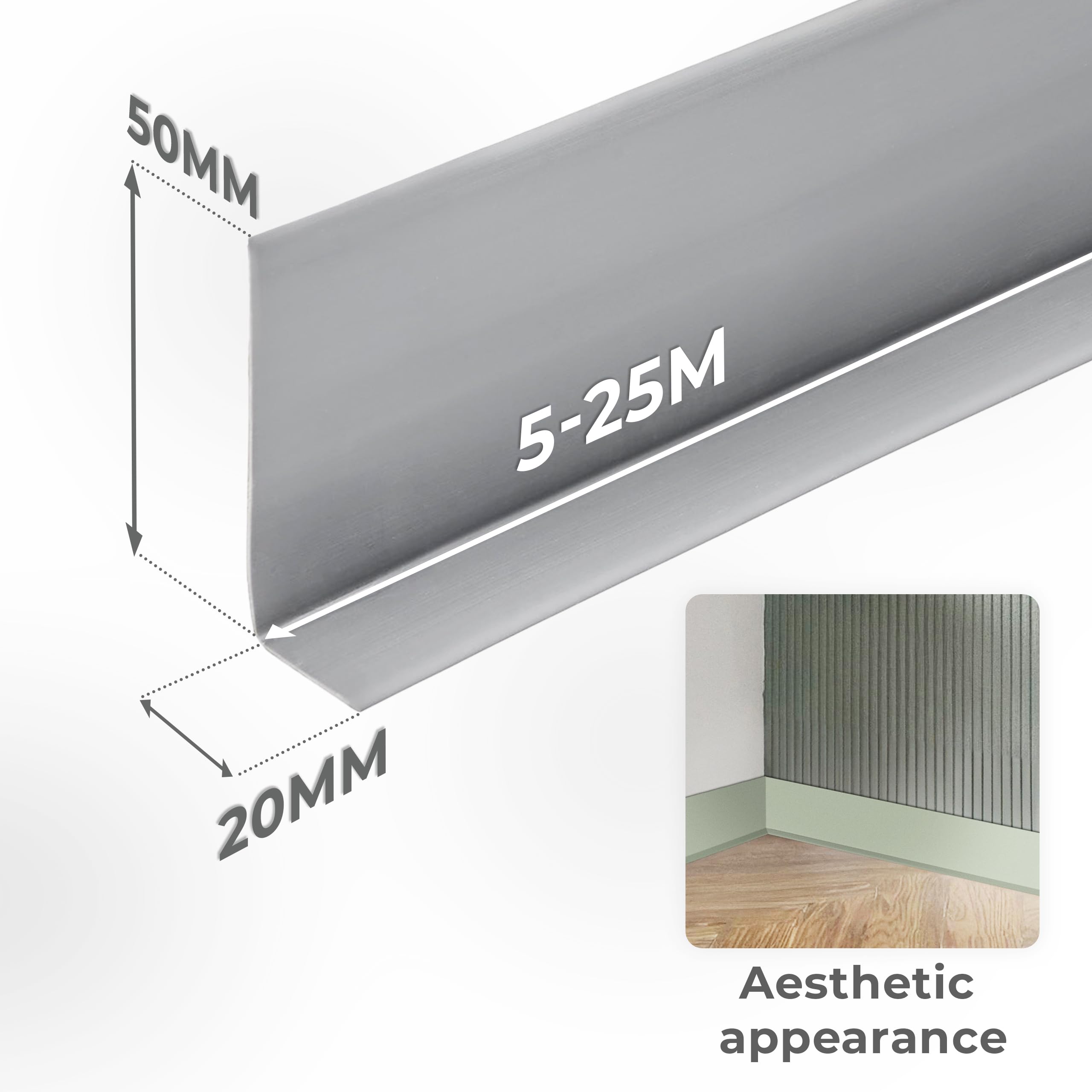 Quest Battiscopa Morbido Adesivo - 50 mm x 20 mm - Listello in PVC, Finitura Flessibile, Profilo Angolare per Cucina, Bagno, Parete, Pavimento - Decorativo (Rovere, 25m)