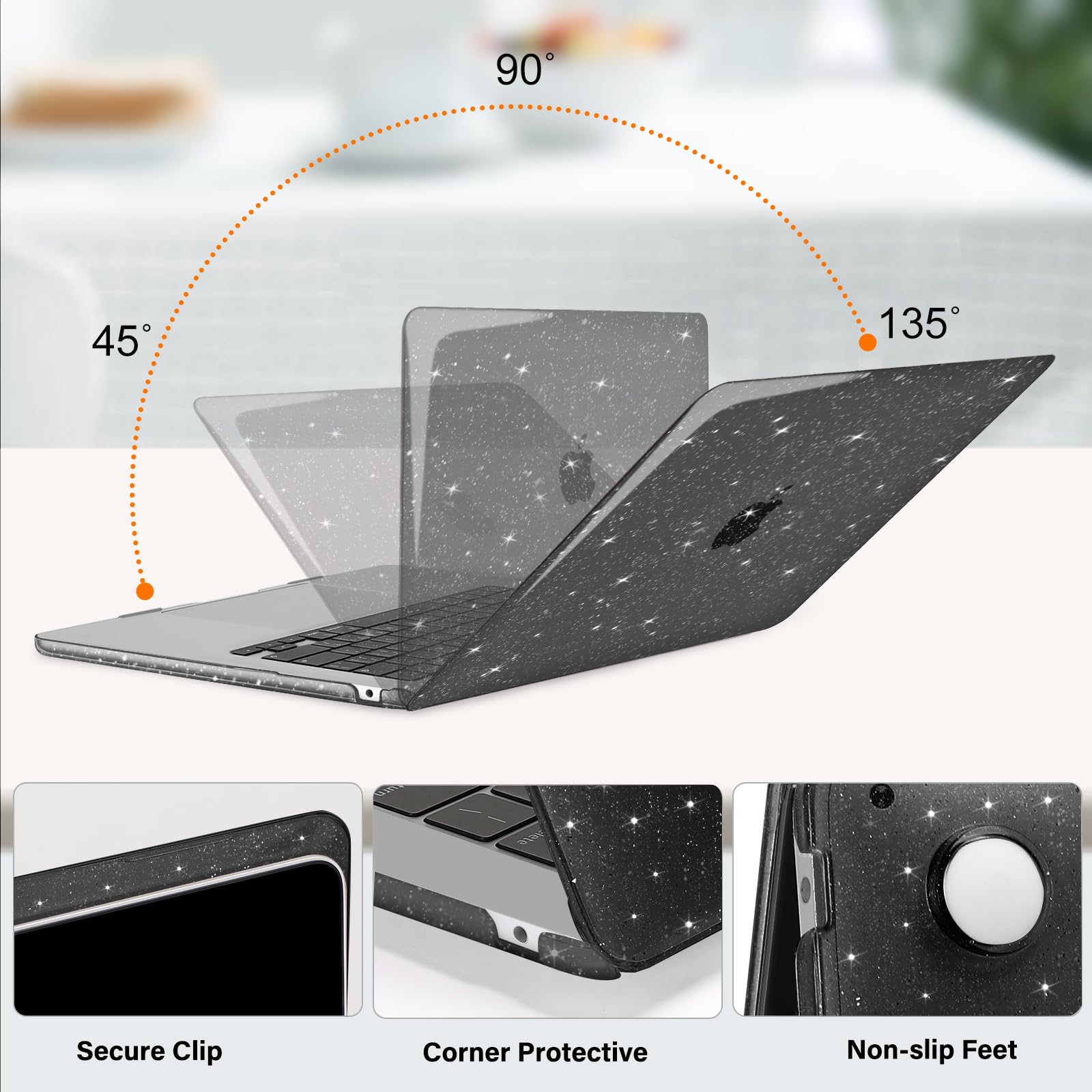 MOSISO Cover Compatibile con MacBook Air 15 Custodia M5 M4 M3 M2 2026-2023 A3448 A3241 A3114 A2941, Glitter Cover per Macbook Air 15 Pollici M5 M4 M3 M2 Case&Copritastiera&Pellicola, Nero