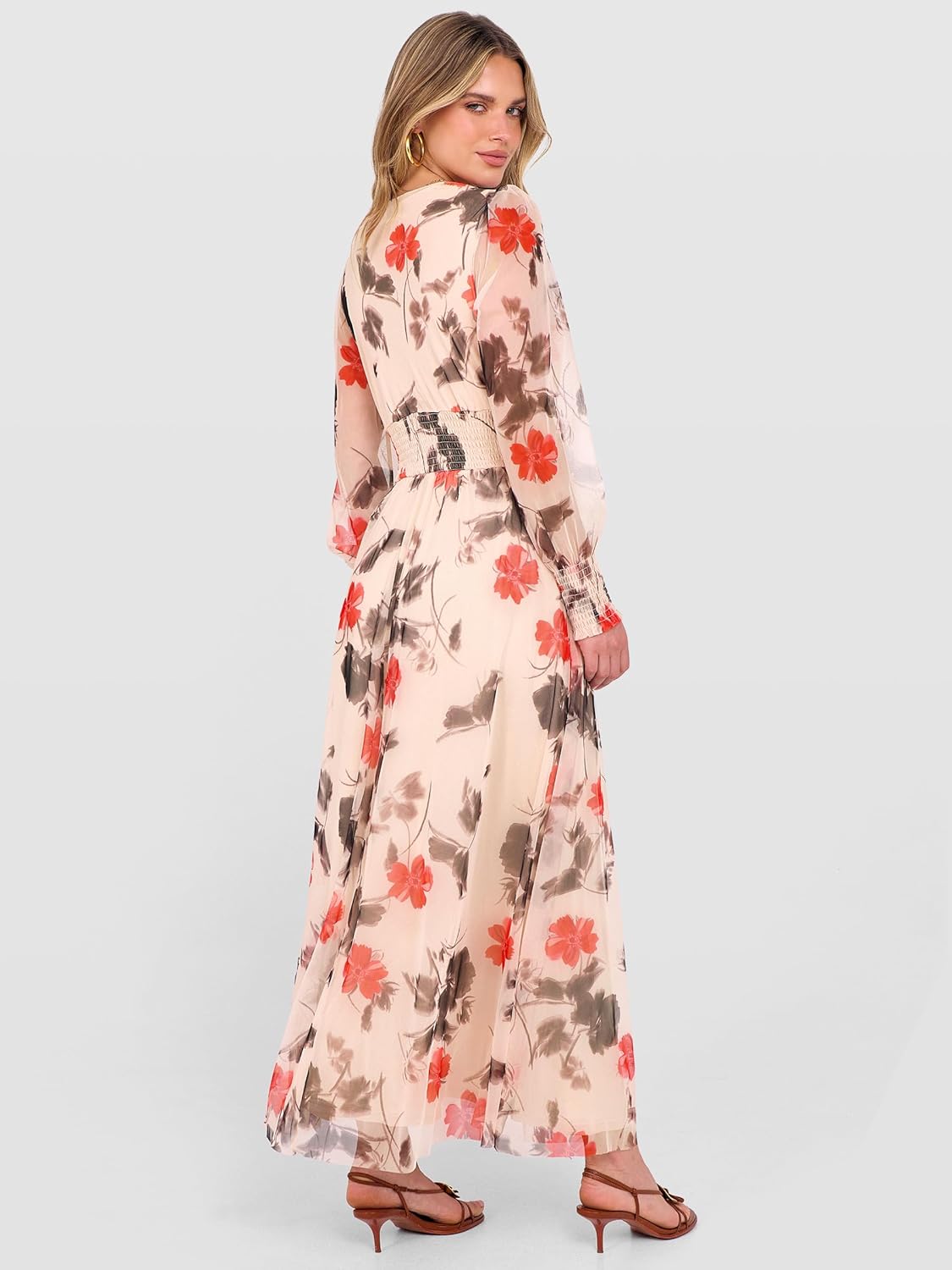 ANRABESS Women's Floral Maxi Dress 2025 Fall V Neck Puff Long Sleeve Flowy Casual Wedding Guest Tea Party Tulle Dresses - Image 6