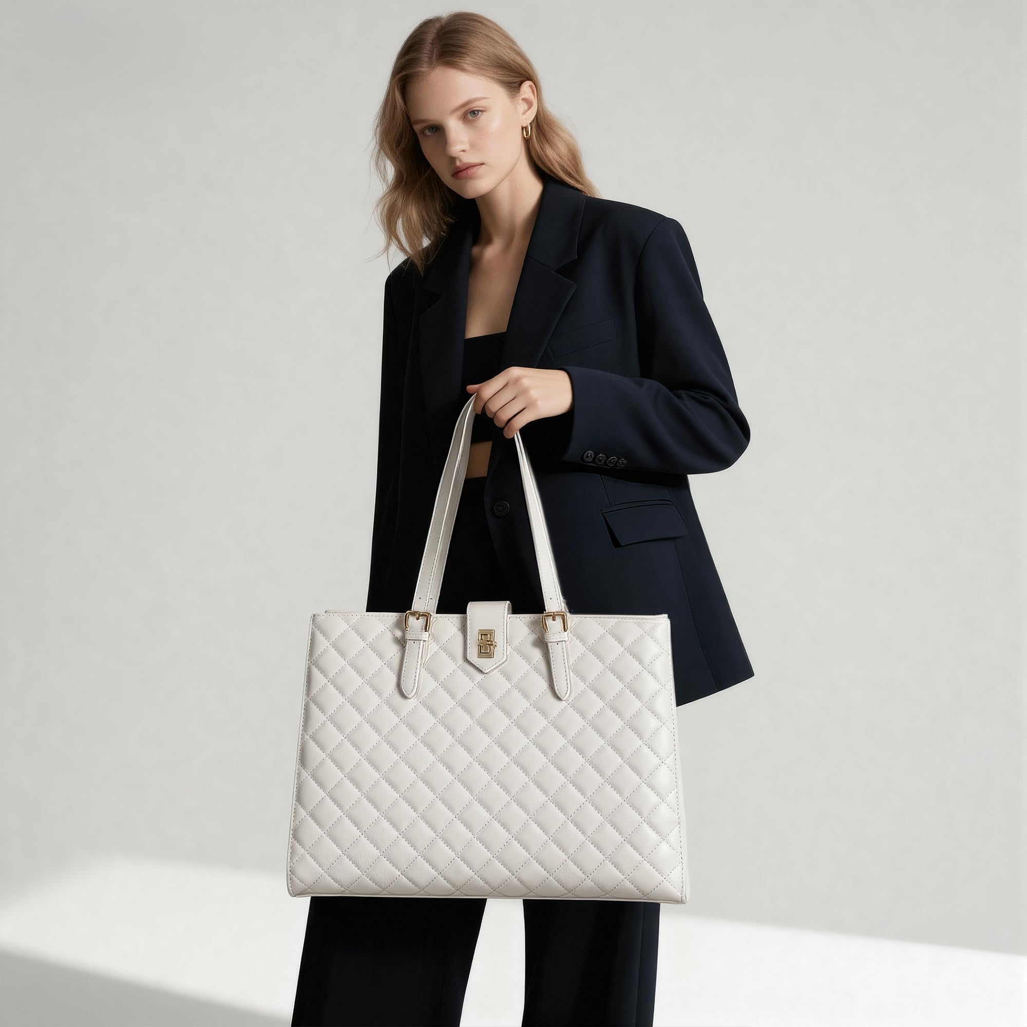 BAGOK Quilted Laptoptasche Damen aus PU Leder, Arbeitstasche Shopper Tote, Lehrertasche Nurse Bag, große Kapazität, passend für Laptops bis zu 14 Zoll, für Büro, Uni und Alltag