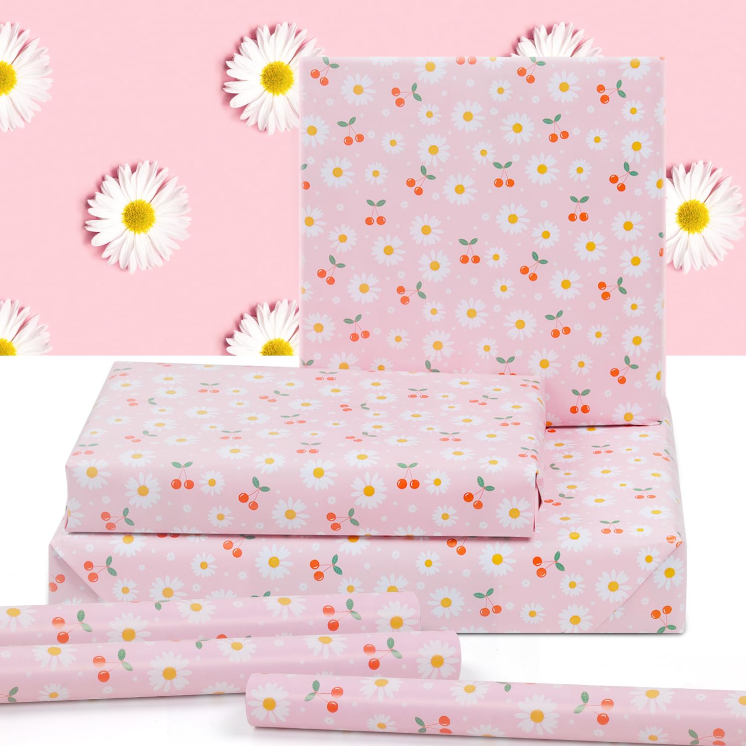 Papier Cadeau Fleur - 6 Feuilles De Papier Cadeau - Fraise Et