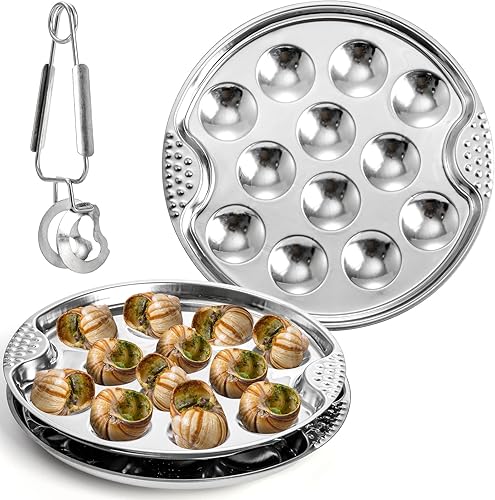Okllen Paquete de 3 platos Escargot de acero inoxidable con 12 agujeros de compartimento, plato de caracol de mariscos de 7.5 pulgadas con pinza