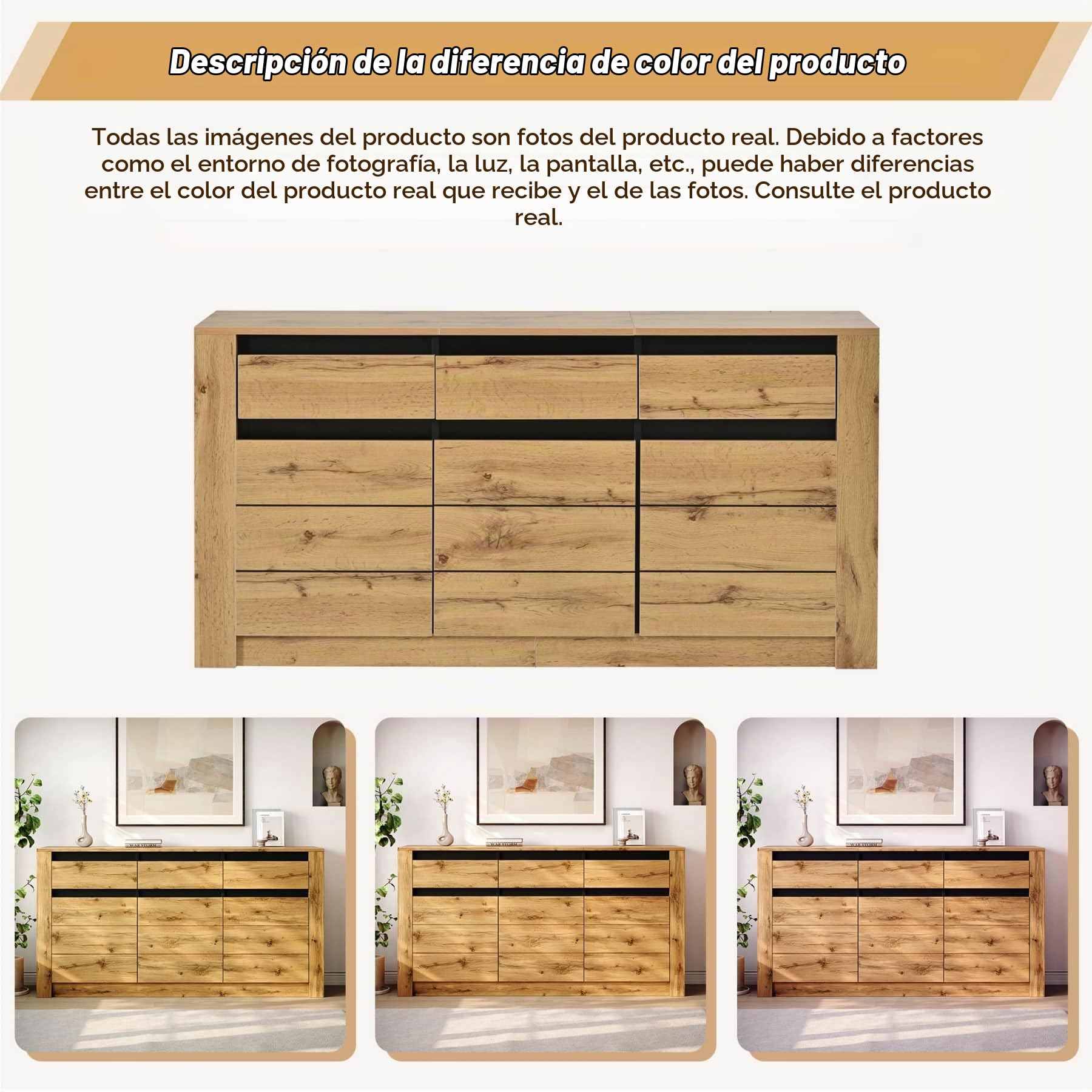 YEHTOKHOME Aparador con 3 cajones y 3 puertas (Naturel-E)