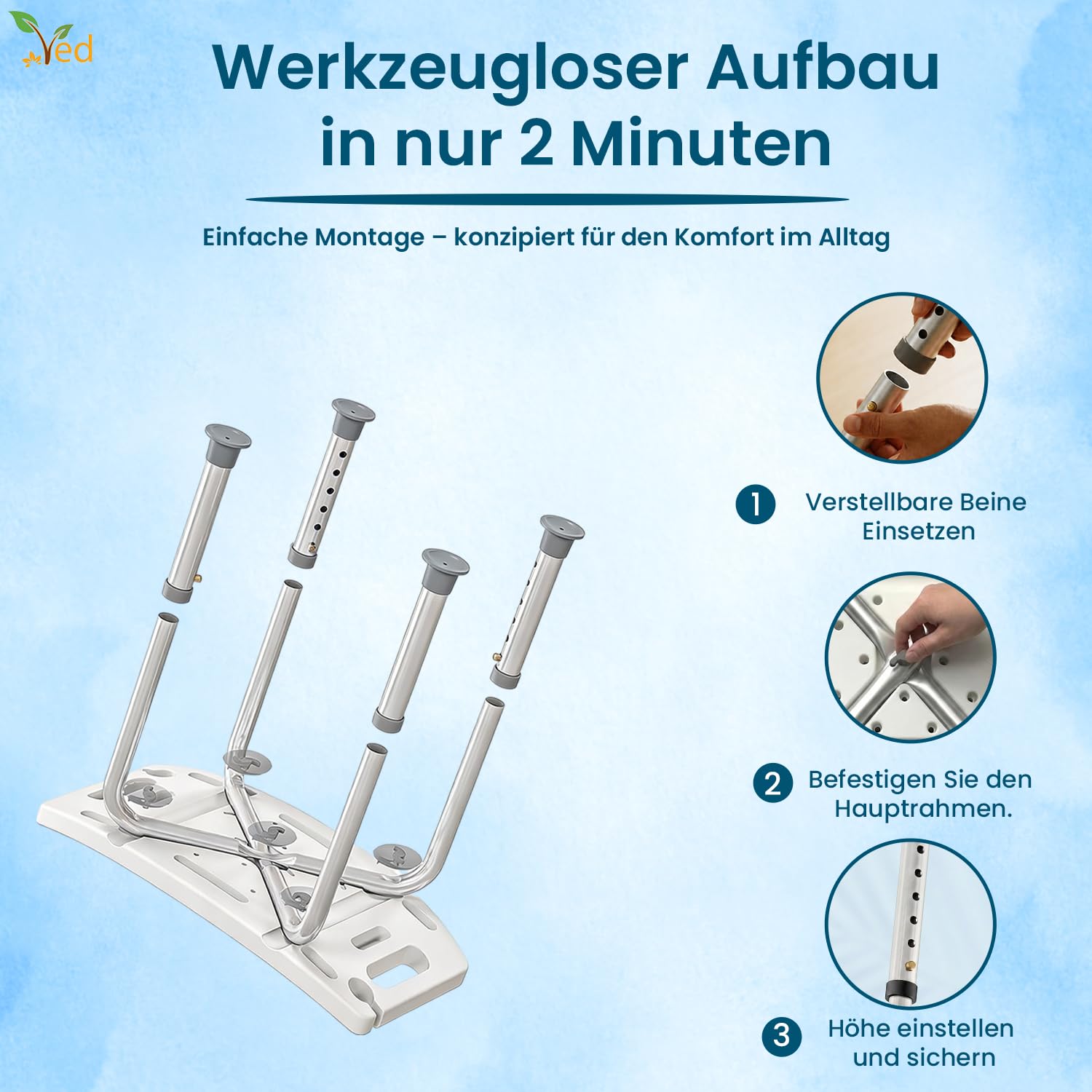 VED Verstellbarer Rutschfester Duschhocker – Leichter rostfreier Aluminium-Badestuhl für Senioren, Behinderte, Schwangere, nach Operationen, 38 bis 51 cm (52.50x52.00x39.50cm)