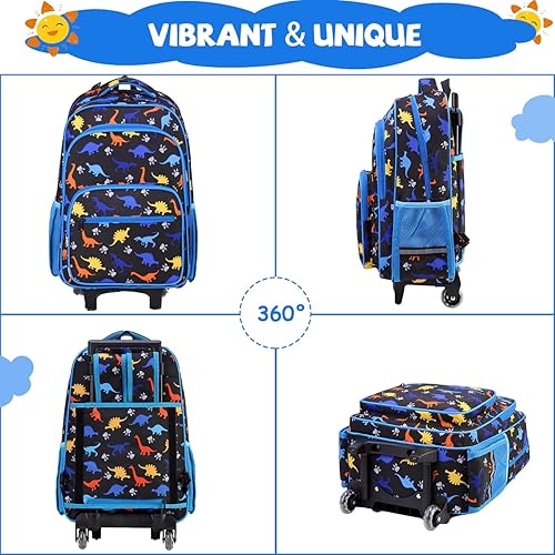 Miniatura 6 de VASCHY Mochila con ruedas para niños, resistente al agua, mochila escolar de mano con ruedas para niños y niñas, Dinosaurios azules, Mochilas Daypack