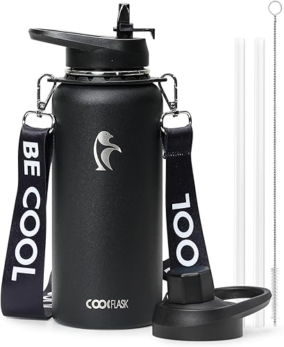 Miniatura 17 de Coolflask Botella de agua con pajilla, termo de agua de metal aislado de 40 onzas con tapas de popote y boquilla, acero inoxidable de doble pared