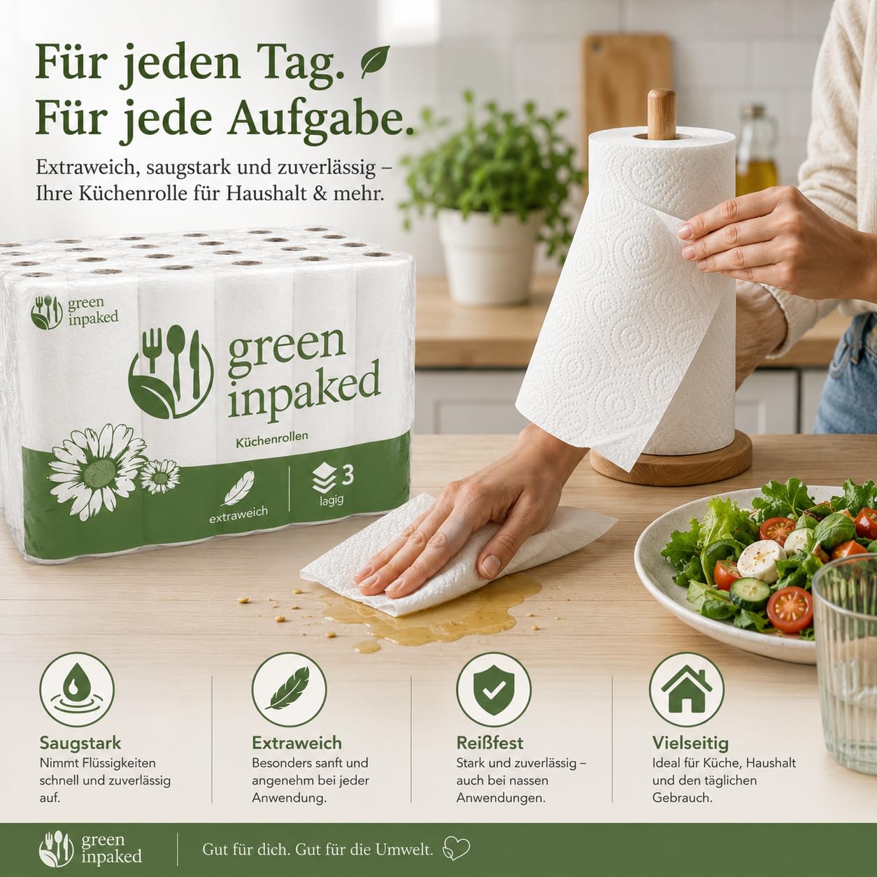 Green Inpaked Küchenrollen 32 Rollen XXL Vorratspack – 3-lagig, Extra Saugstark & Reißfest – Premium Küchenpapier für Haushalt, Gastronomie & Büro