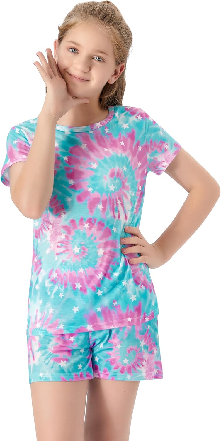 Topgal Summer Pajamas for Little/Big Girls – Swirl Tie Dye Butterfly Design Kids' Short Sleeves & Shorts PJS Size 6-18 - Image 4