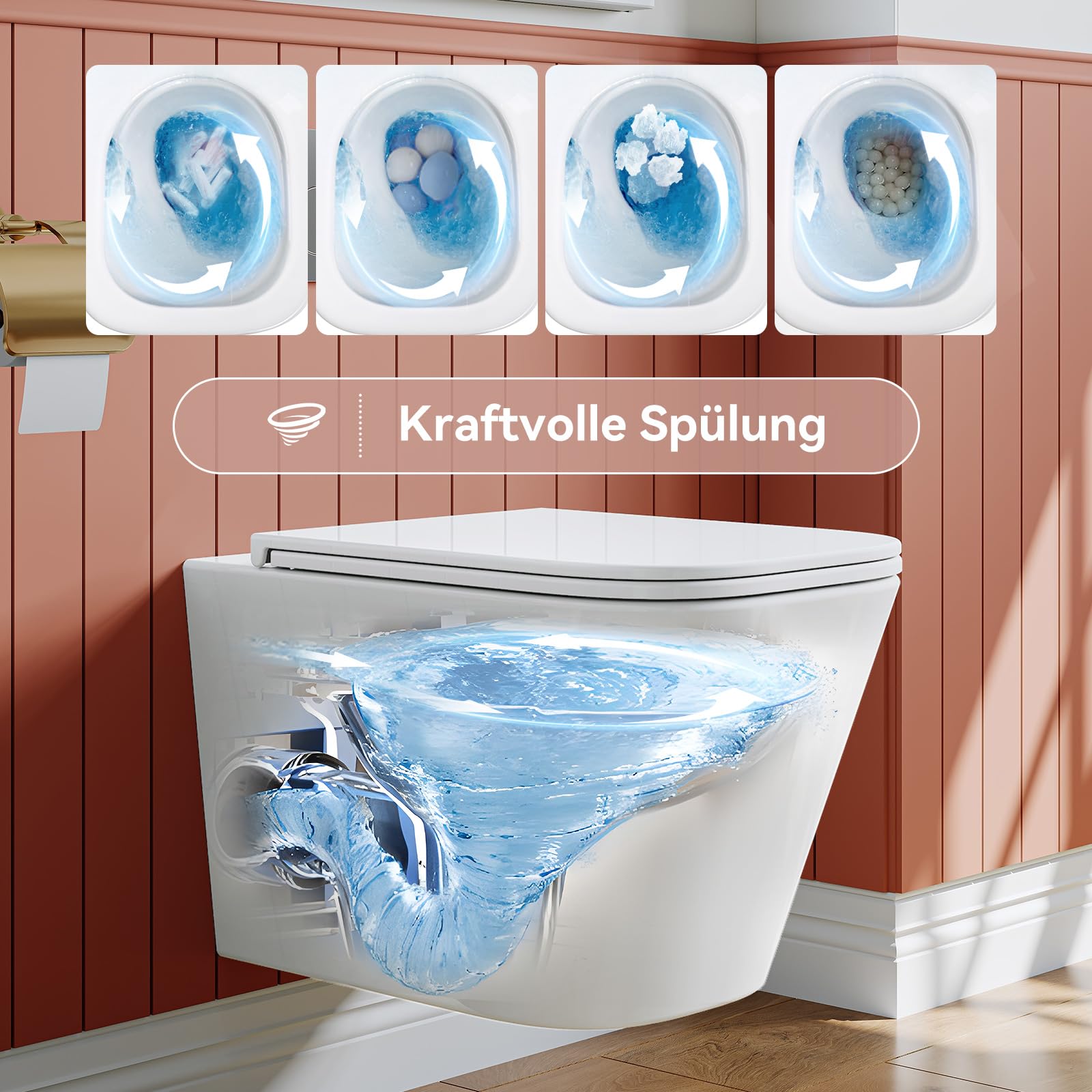 Wisząca WC z wolnoopadającą deską – toaleta z jednootworową spłukiwaną superspinem – WC naścienna do WC dla gości – ceramiczna muszla klozetowa z miękkim domykaniem – 50,5 × 34 × 36 cm