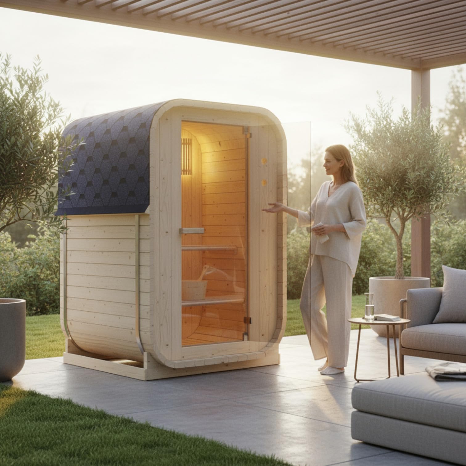 WELCON Easyheat Solo Outdoor - Sauna de barril para exteriores (120 x 120 x 194 cm, madera de abeto, 230 V, 3,6 kW, horno eléctrico, 1-2 personas, con piedras para sauna y cubo de infusión)