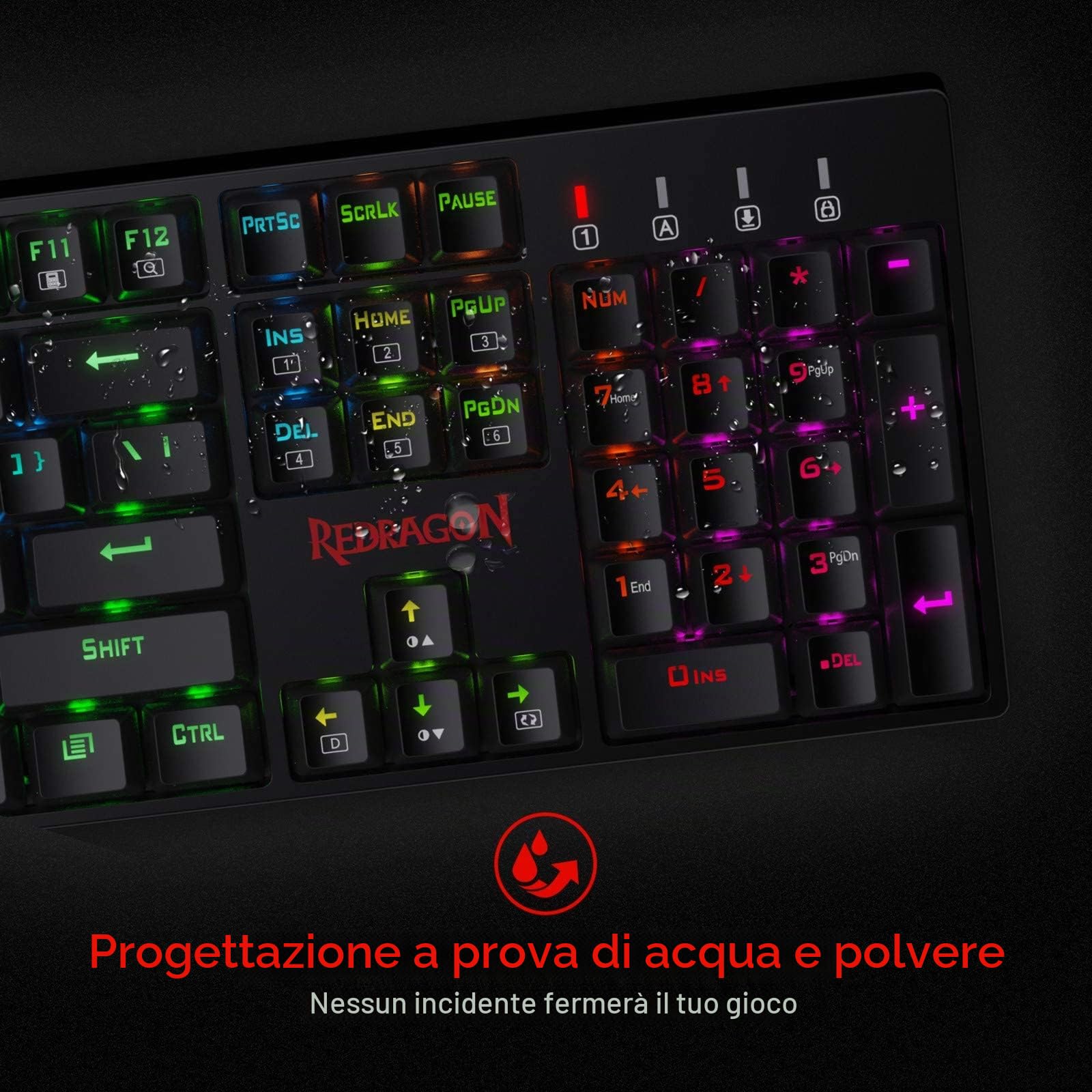 Redragon K582-US SURARA Tastiera da gioco meccanica QWERTY retroilluminata a LED RGB con 104 tasti, layout americano (interruttore rosso - layout americano)