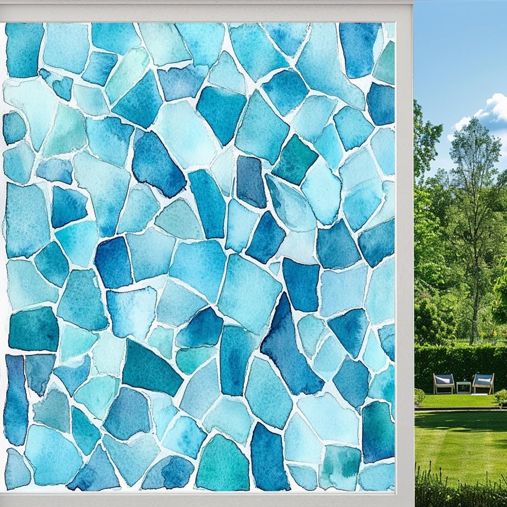 Watercolor Color Block Window Privacy Film, Vintage Colorful Pictures Frosted Self-Adhesive Vinyl Cling for Glass Doors Bathroom Windows Sun Blocking Heat Reducing, 31.5Wx47.2L inch
