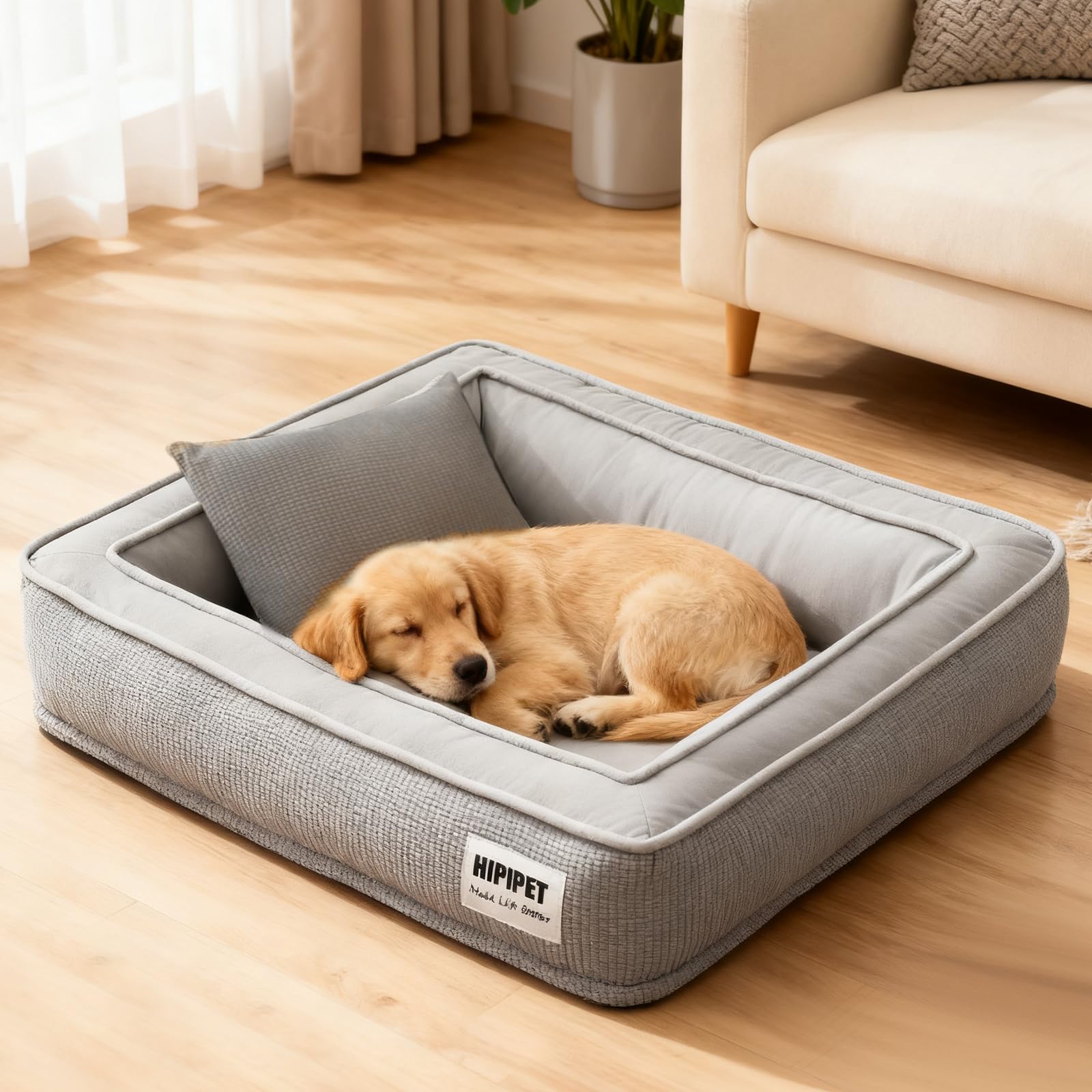 PETCUTE Waterproof Large Dog Bed,Orthopedic Dog Sofa Bed with Removable Washable Cover and Non-Slip Bottom,Rectangle Pet Beds with Raised Edges for Joint Support,Gray,XXL