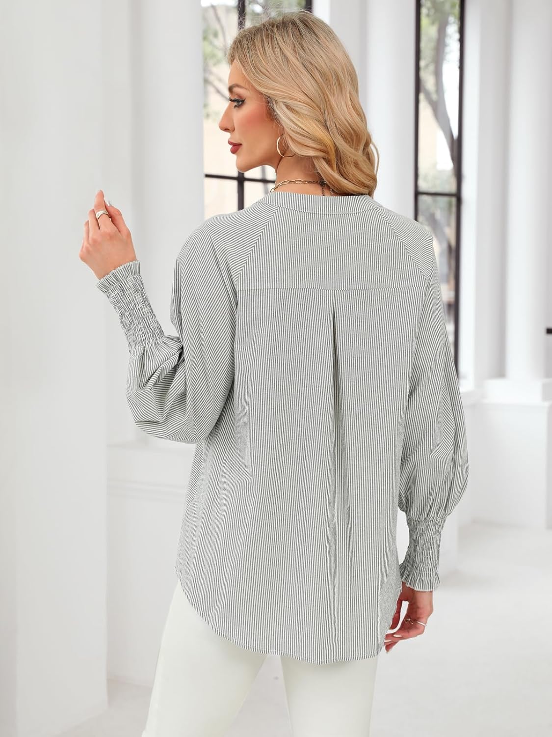 Womens Striped Round Neck Button Down Blouse Long Balloon Sleeve Crewneck Smocked Cuffs Shirt Gray - Image 5