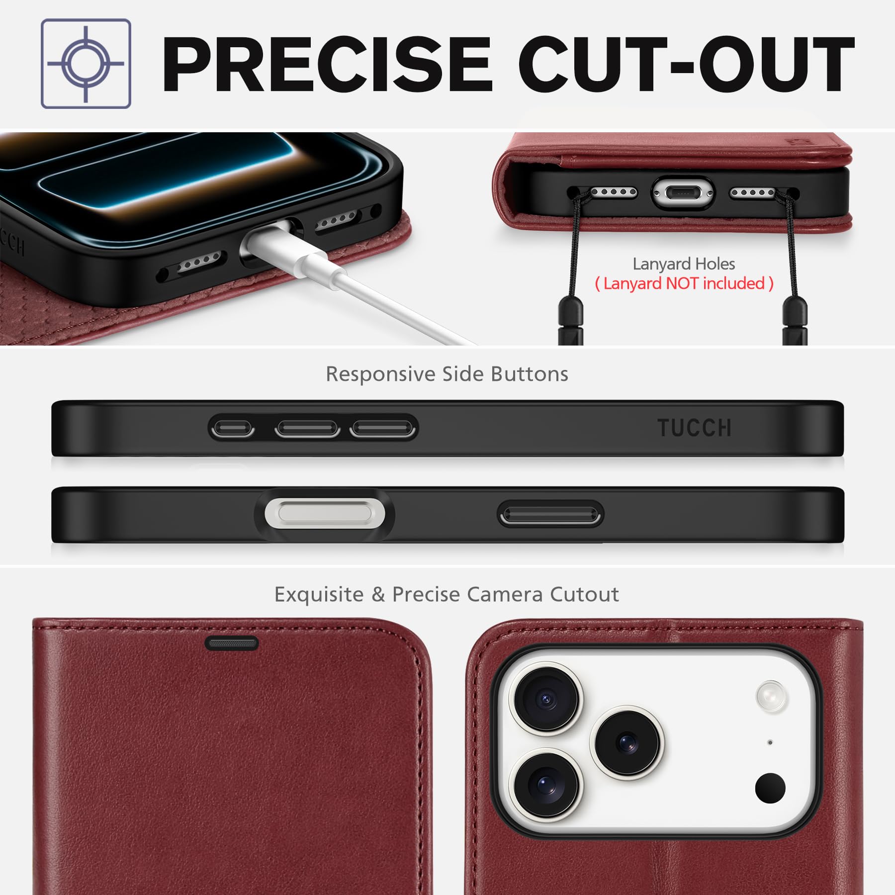 TUCCH Funda para iPhone 17 Pro MAX 6,9-Pulgadas 5G 2025 Bloqueo RFID Cartera | Funda Cuero PU Cáscara TPU A Prueba de Golpes Ranura Tarjeta Soporte Plegable Cover Libro Cierre Magnético, Rojo Oscuro