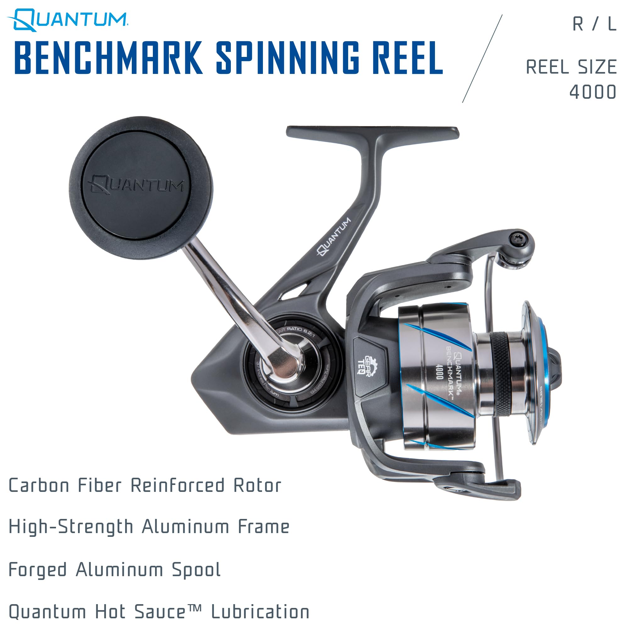 Quantum Benchmark Spinning Fishing Reel, Size 4000 Reel, 5+1 Bearings, 6.2:1 Gear Ratio, Aluminum Frame, SEALOQ 6 Protection, GEARTEQ Machined Gears