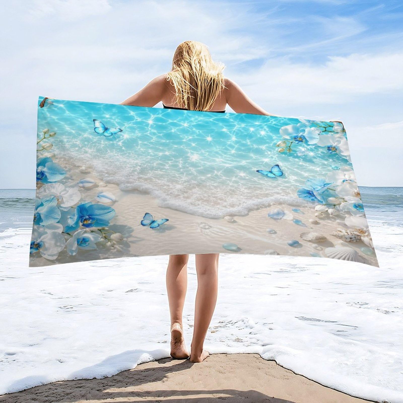 Anceky Blue Flowers Butterflies Beach Waves Seashells Beach Towel 32"×63",Soft Microfiber Bath Towel Shawl, Quick Dry Absorbent Pool Spa Gym Shower Towel