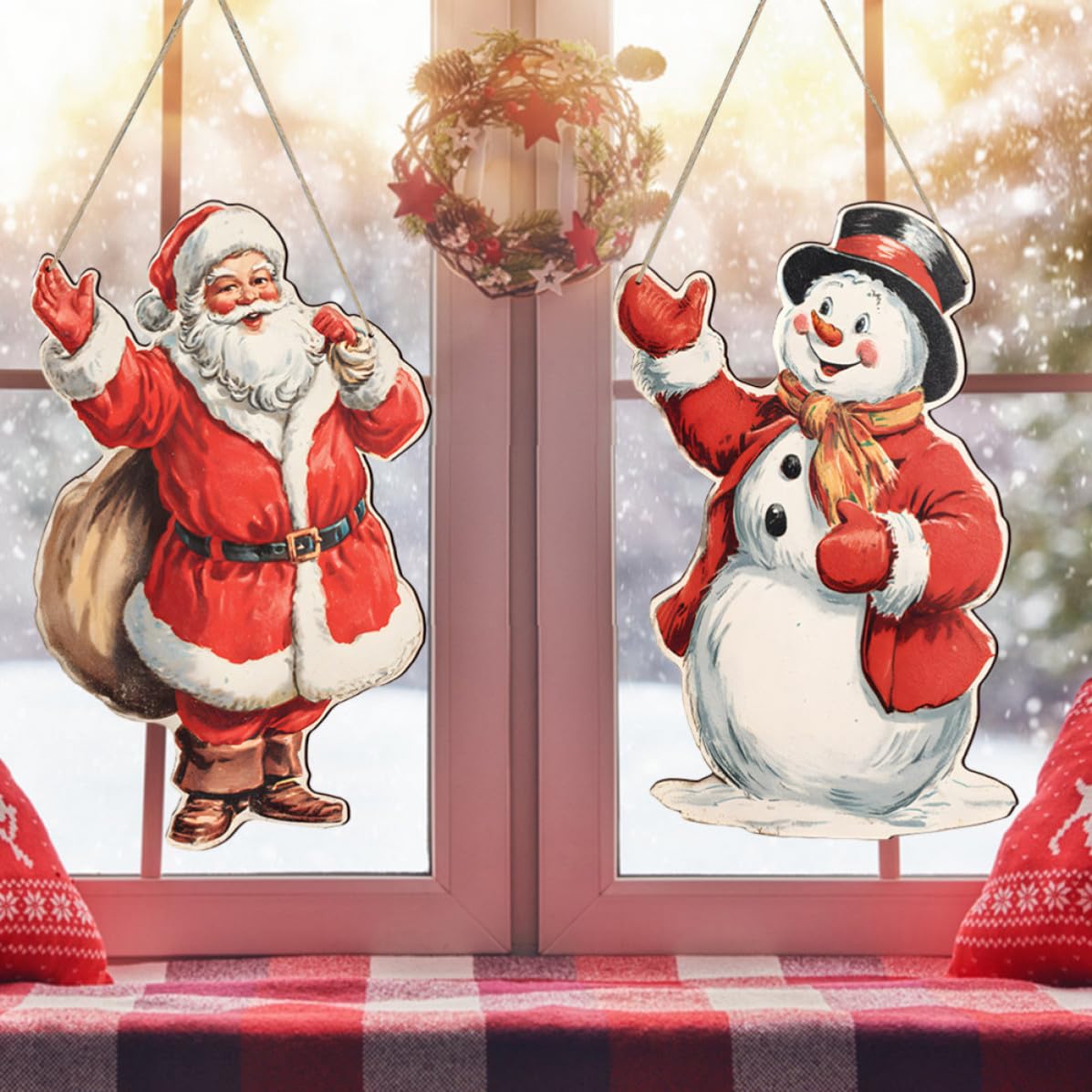 2 Piezas Colgante Navideño de Madera Muñeco de Nieve y Papá Noel para Decoración de Puerta y Pared, Acabado Liso y Fácil Instalación para Ambiente Navideño