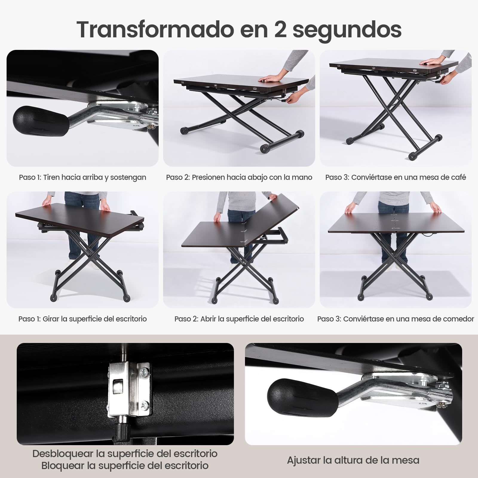 Mesa de Centro Elevable y Extensible, Mesa de Café 3 en 1 con Superficie Extensible para Comedor, Sala de Estar y Oficina,Nogal Negro