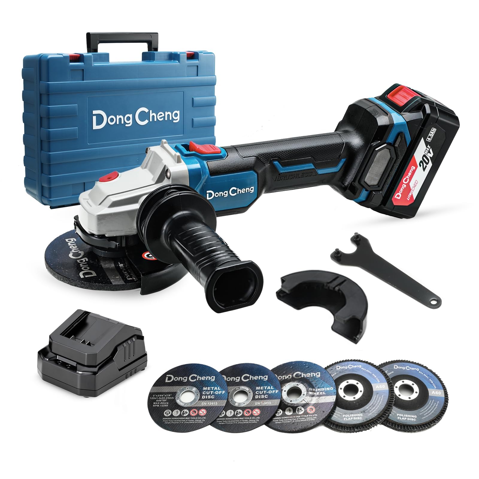 DongCheng Meuleuse d'angle sans fil 20V, Moteur sans balais, Disqueuse sans fil 125 mm, poignée anti-vibrations, 2 disques abrasifs, 2 disques à lamelles, 2 disques à tronçonner, batterie 4,0 Ah