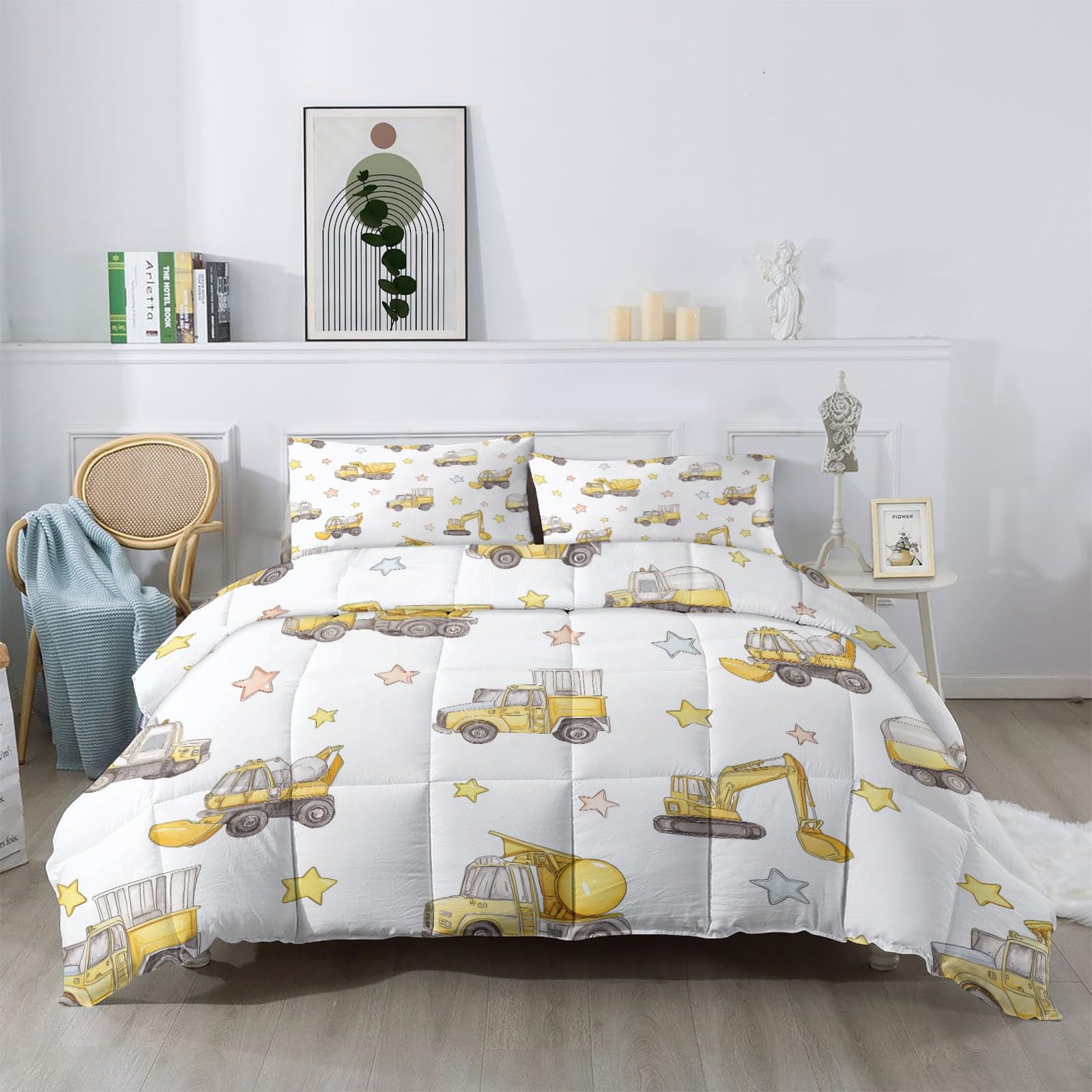 Colcha 200 x 200 cm Cubrecama Ligera Fina Entretiempo Extra Suave Camión Construcción & Estrellas Transpirable de Cama de Colchas Acolchadas de Microfibra Colcha a con NiñosAmarillo