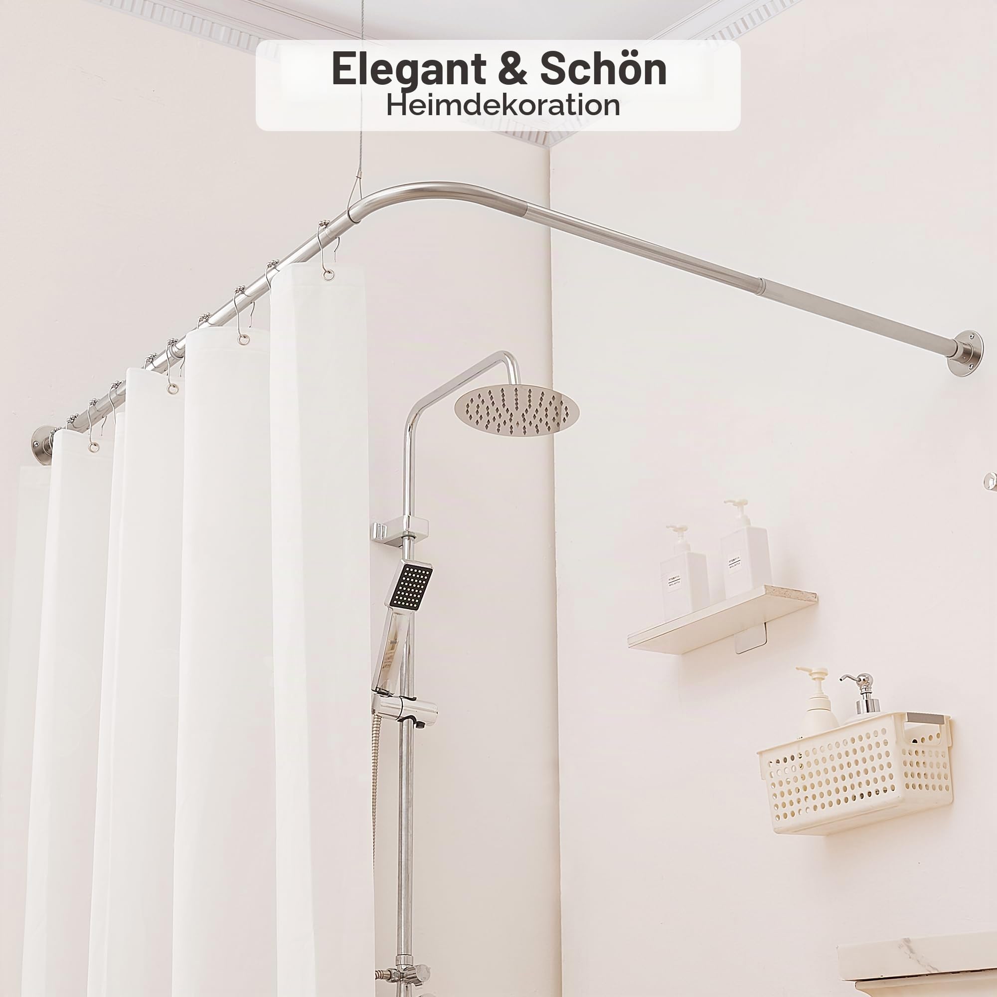 Duschvorhangstange L form [100-172 cm] x [140-212 cm] Extra Lange Eckduschstange 90° Grad Duschstange verstellbar für Badewanne, Dusche & Außenbereich mit 12 Haken & Deckenstütze