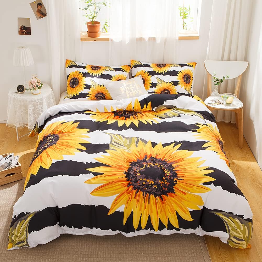 Merryword Yellow Flowers Bedding Sunflower Duvet Cover Set Black Stripes Yellow Sunflowers Design White Black Boys Girls Bedding Sets Queen 1 Duvet Cover 2 Pillowcases (Queen, Sunflower)
