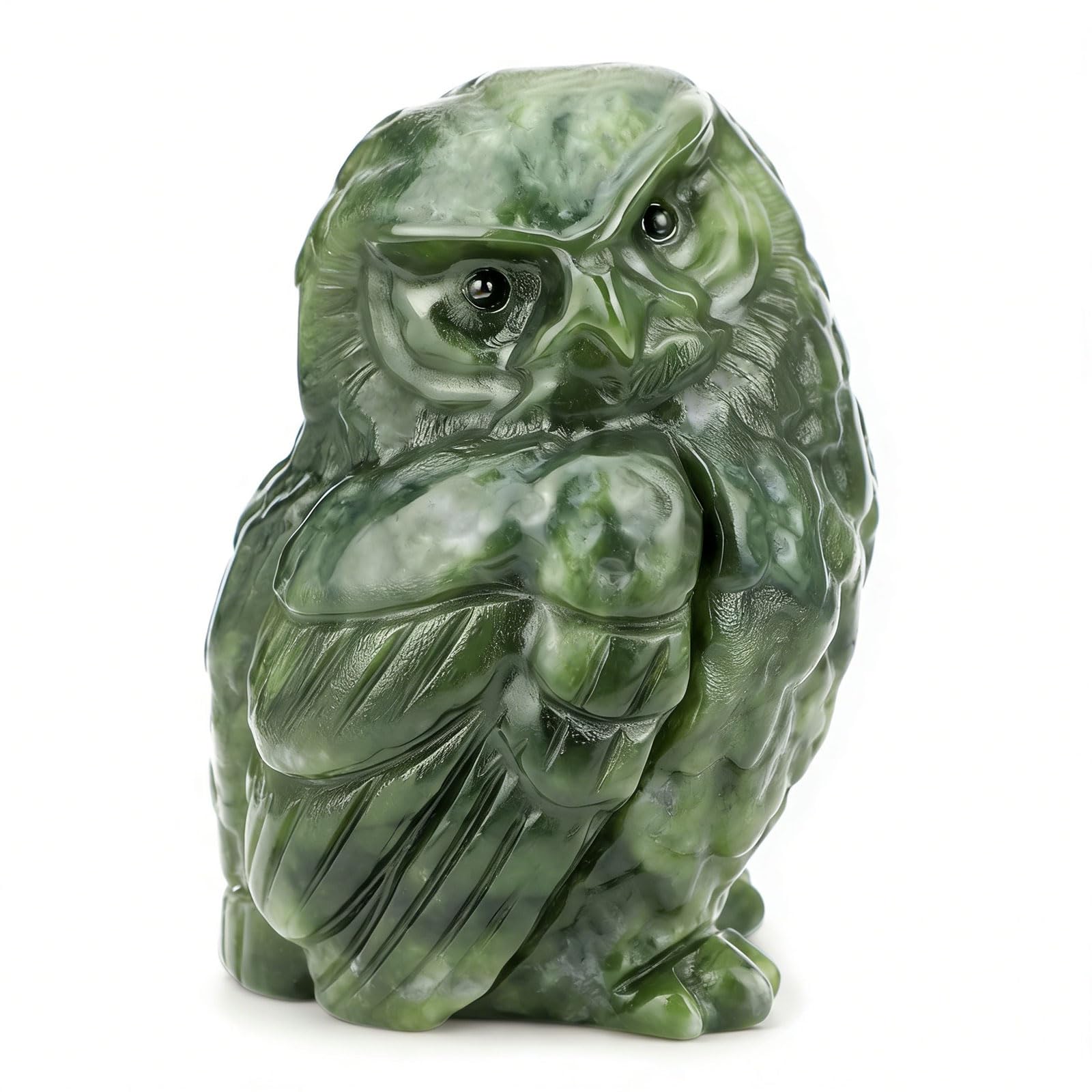Figurine chouette en jade vert naturel sculpté main pour decoration haut de gamme