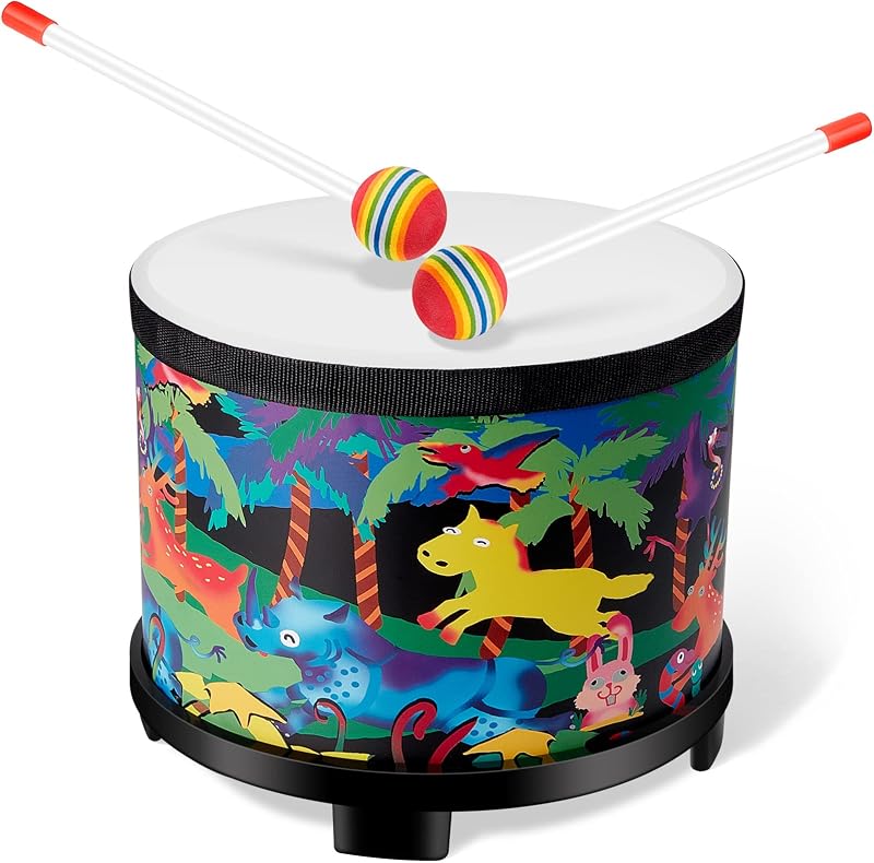 Meooeck Floor Tom Drum Set 8 pulgadas Baby Drum, juego de batería para niños con 2 palos Instrumentos de percusión musicales Juguete educativo para niños niño niña bebé niño pequeño regalos de cumpleaños de Navidad