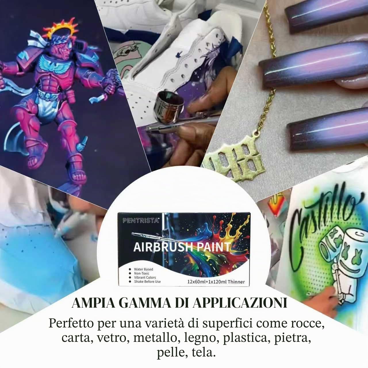 Set di colori per aerografo da 60 ml, 3 diluenti da 120 ml | colori acrilici opachi e a base di lavaggio, carta, tele, modelli, kit di colori per aerografo in legno