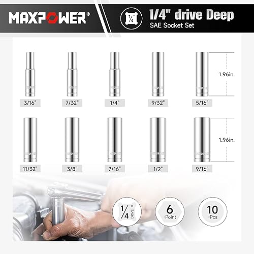 Miniatura 2 de MAXPOWER Juego de 10 llaves profundas de 14 pulgadas, SAE, enchufes de 6 ponits de 316 pulgadas, 732 pulgadas, 14 pulgadas, 932 pulgadas, 516