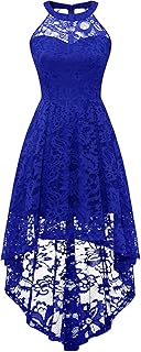 Women's Halter Lace Cocktail Wedding Guest Dress Hi-Lo Bridesmaid Party Dresses with Sheer Neckline - Buy now