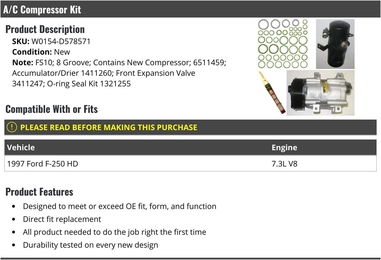 A/C Compressor Kit - FS10 8-Groove - Compatible with 1997 Ford F250 HD 7.3L V8 Turbo Diesel