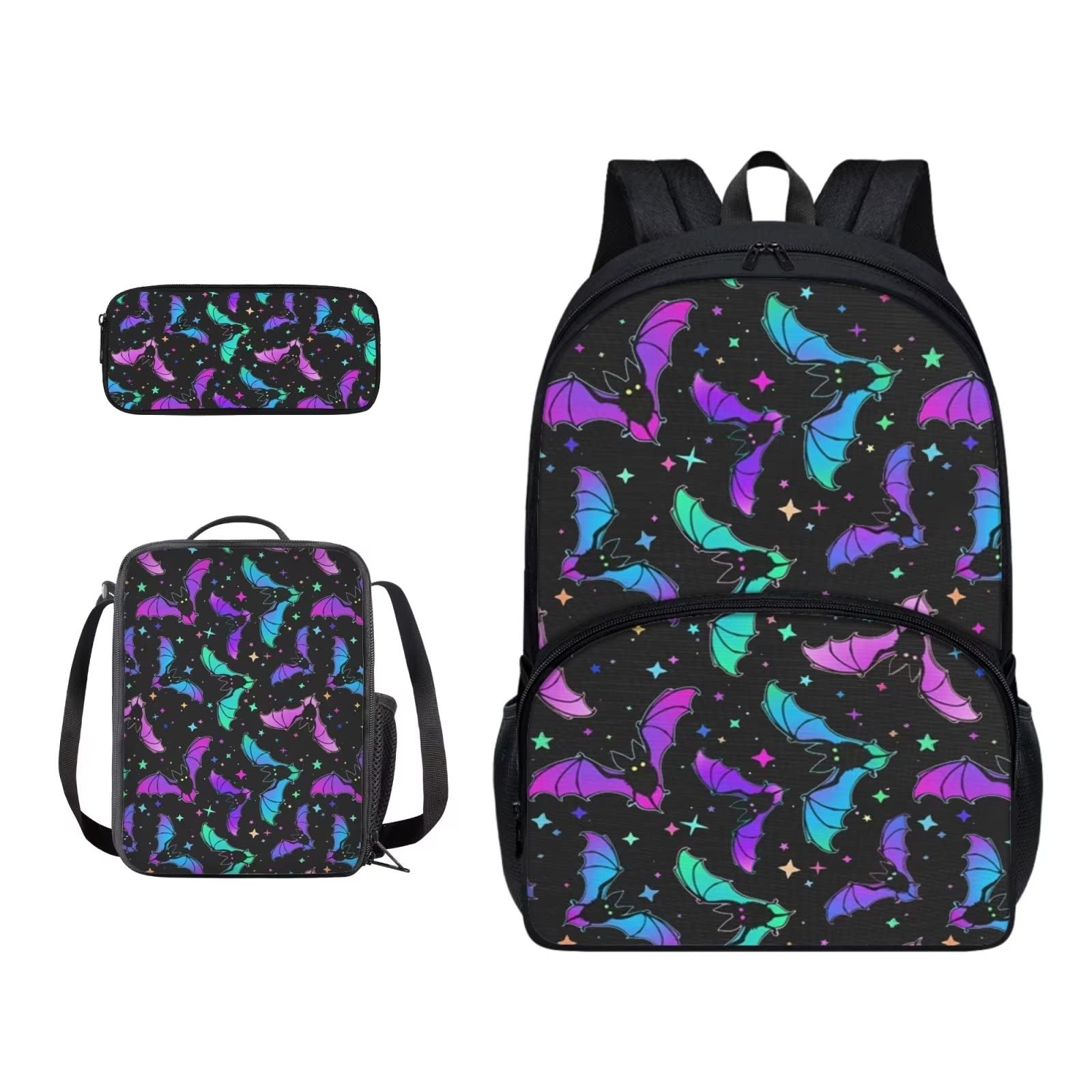 Poceacles Schultasche und Lunchbox-Set für Teenager, Jungen, Grundschule, Büchertasche, Federmäppchen für Grundschulkinder, Bunte Fledermäuse, Einheitsgröße