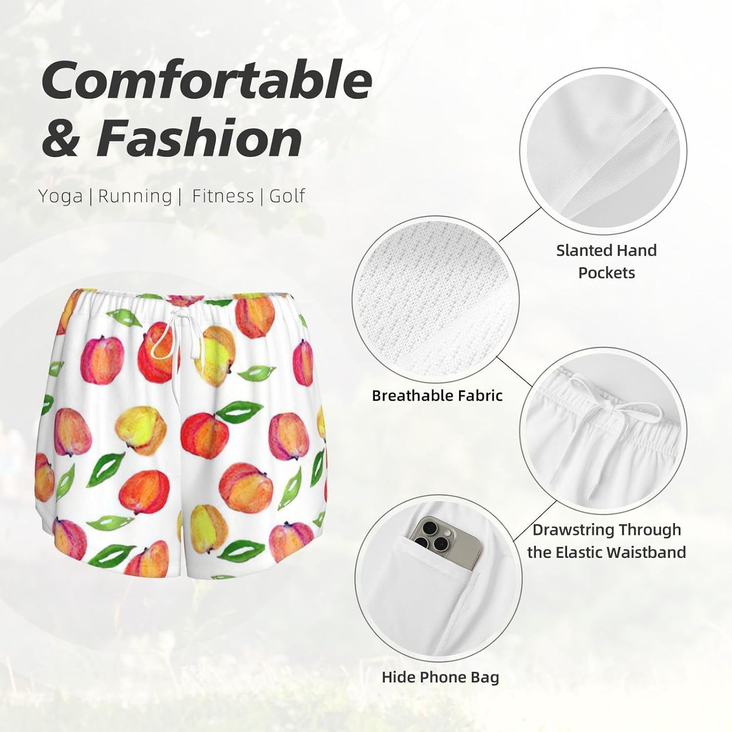 Peach Print Leaf Print Women's Tennis Skirt Pleated Golf Skorts High Waisted with Pockets Inner Athletic Skirts for Workout Sports Casual S-XXL