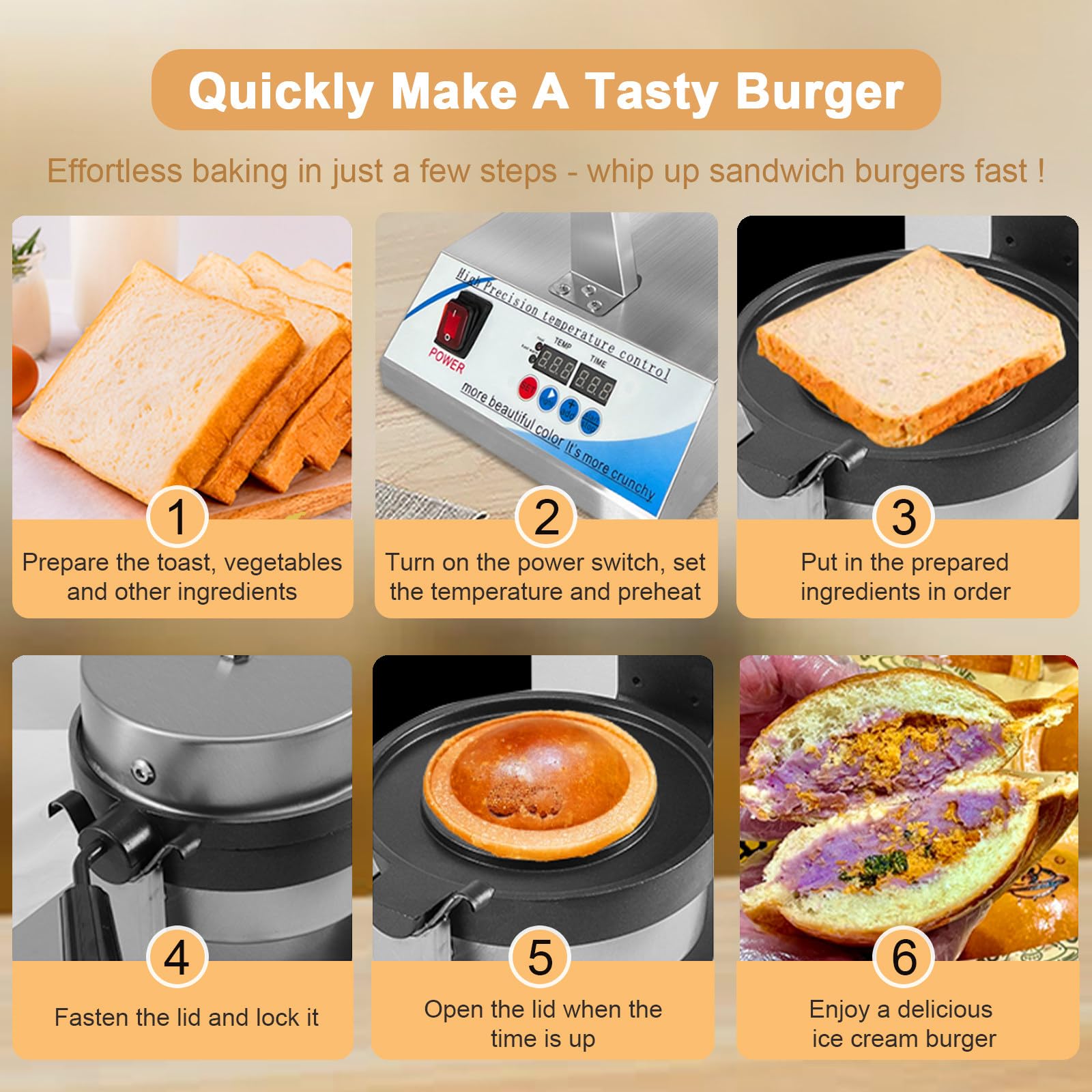 Máquina para Hacer Hamburguesas Y Gofres - Prensa Eléctrica para Sándwiches con Relleno De Helado, Control Digital De Temperatura LED Y Temporizador, Calentamiento por Ambos Lados