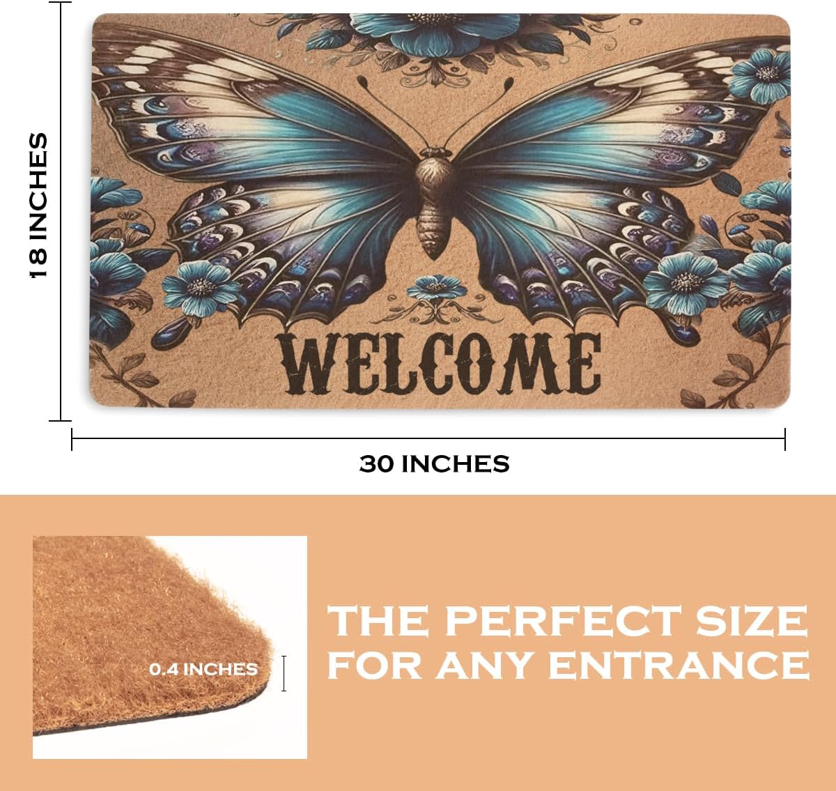 Blue Butterfly Welcome Doormat, Vintage Floral Entryway Rug, Boho Butterfly Welcome Mat for Outdoor Indoor Entrance Home Decor, Faux Coco Coir Durable Doormat with Non-Slip PVC Backing 18x30 Inch
