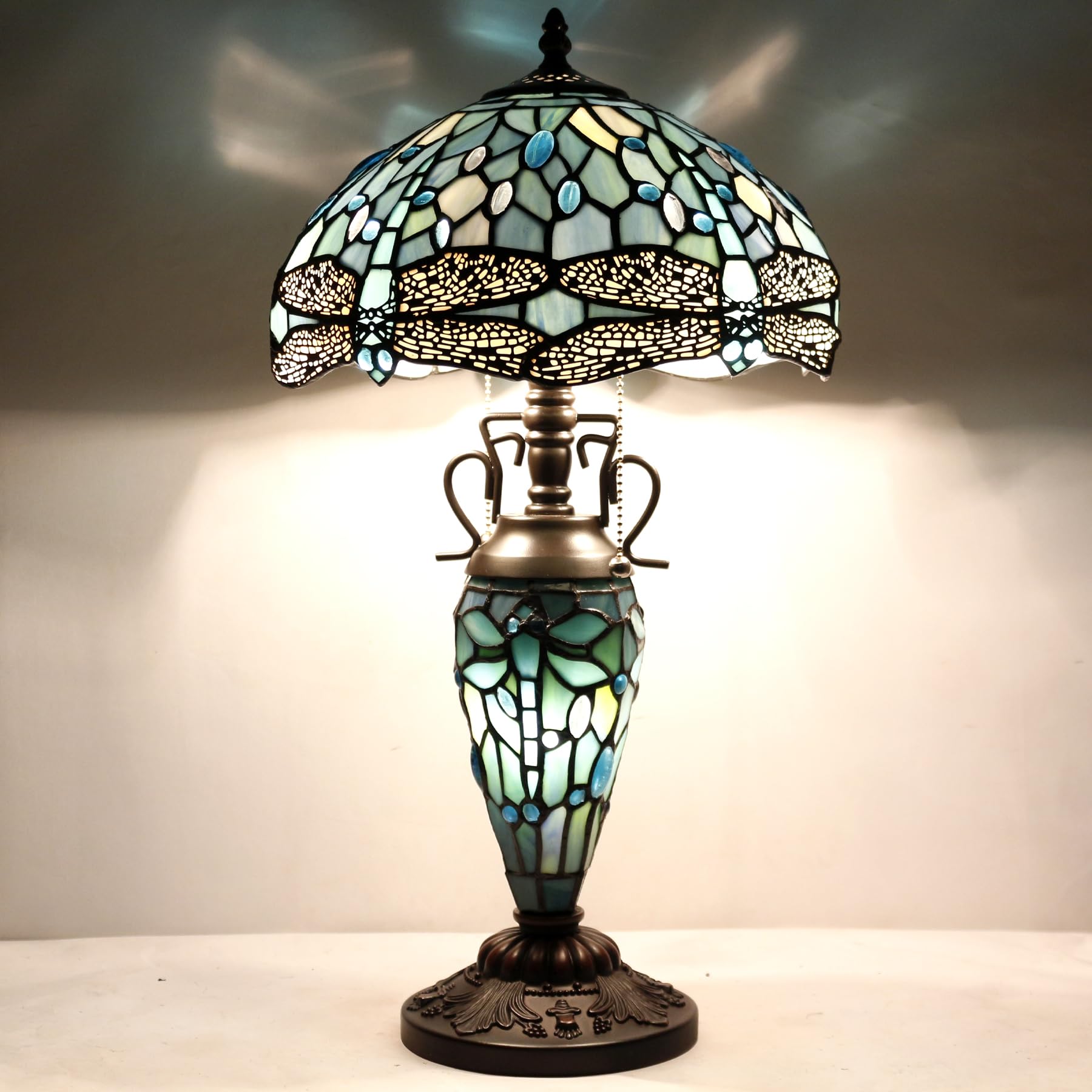 WERFACTORY Tiffany Table Lamp Sea Blue Stained Glass Dragonfly Style 12X12X22 Inches Mother-Daughter Vase Desk Reading Light Decor — view 2