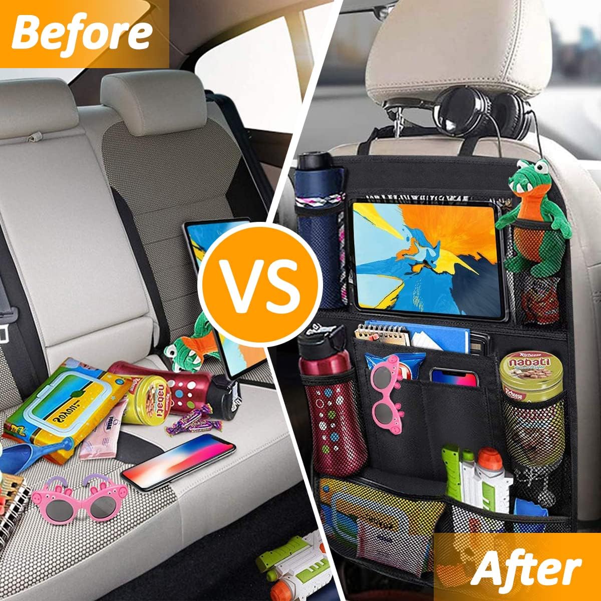 Organizer Sedile Auto Accessori da Viaggio per Bambini-Protezione Sedili Auto Bambini,Organizer Sedile Posteriore Dell'auto,Impermeabile Organizzatore Auto con Molto Spazio di Archiviazione(2 pieces) - Immagine 5