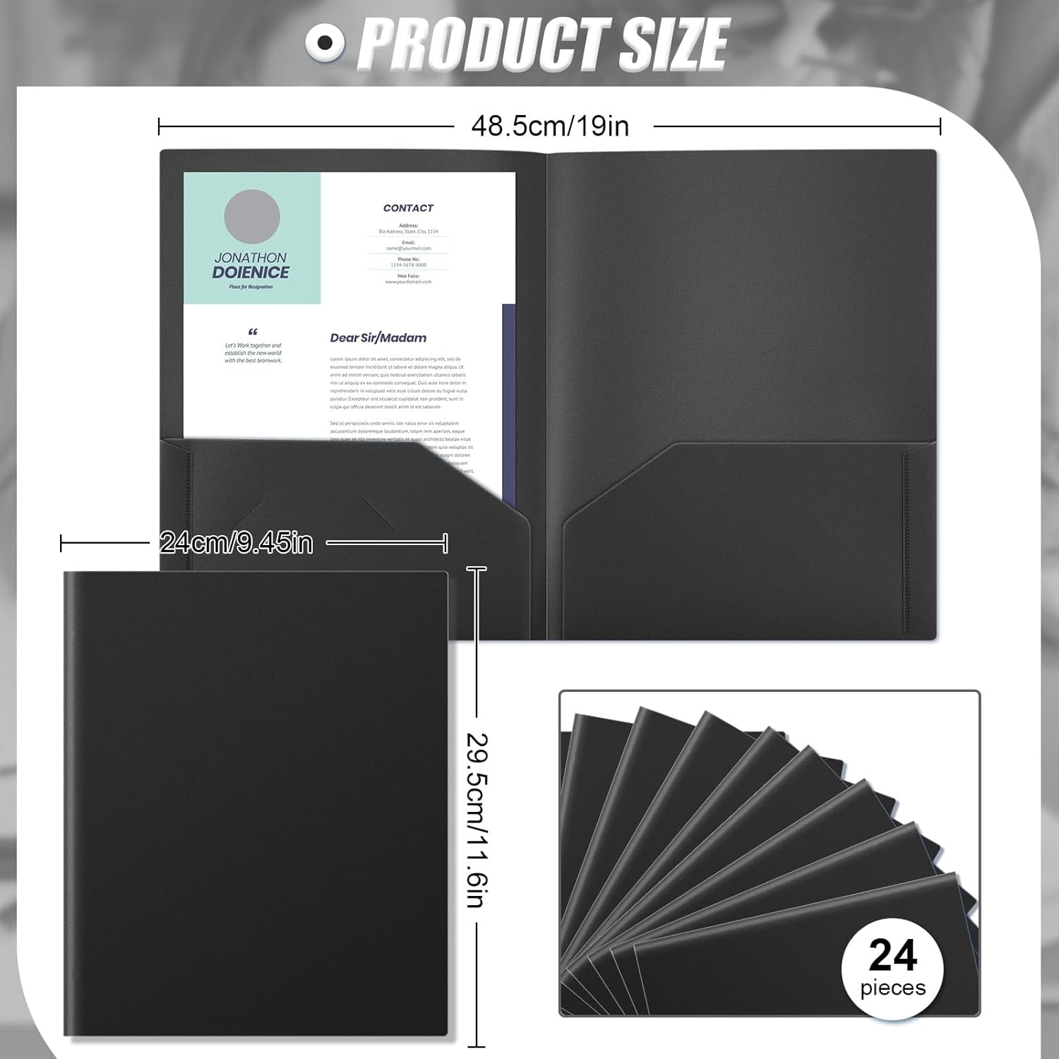 Gueevin 24 Pcs Plastic Folders with Pockets, Back to School Two Pocket Folder Fit Letter Size, Heavy Duty School Business Card Holder for Home Office, 11. 61 x 9. 45 Inches (Black)